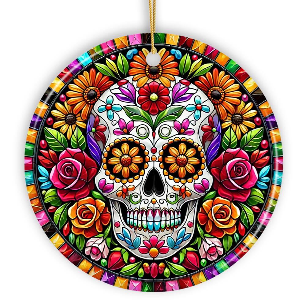 Front. OrnamentallyYou - Floral Celebration Sugar Skull Stained Glass Style Ornament Lush Blossom Christmas Gift and Decor - Multi-colored.