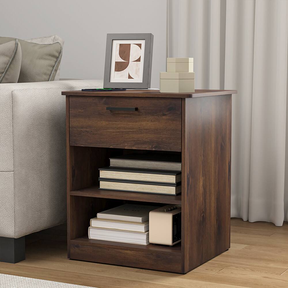 Alt View 7. Spaco - Nightstand with Charging Station,2 USB,Type C,Drawer,Adjustable Shelf - Brown.