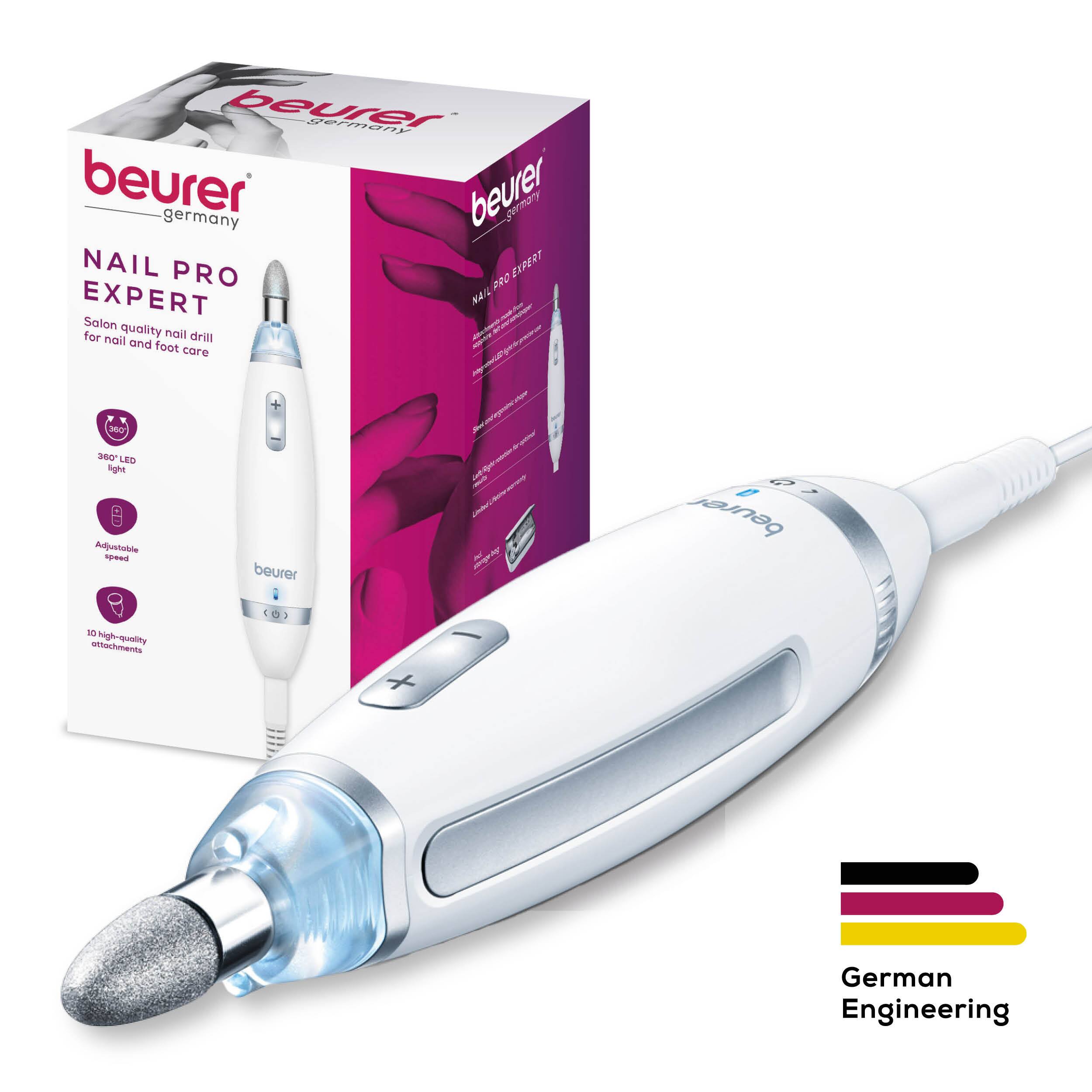 beurer germany  
beurer NAIL PRO EXPERT  
Salon quality nail drill for nail and foot care  
- 360° LED light  
- Adjustable speed  
- 10 high-quality attachments  
German Engineering