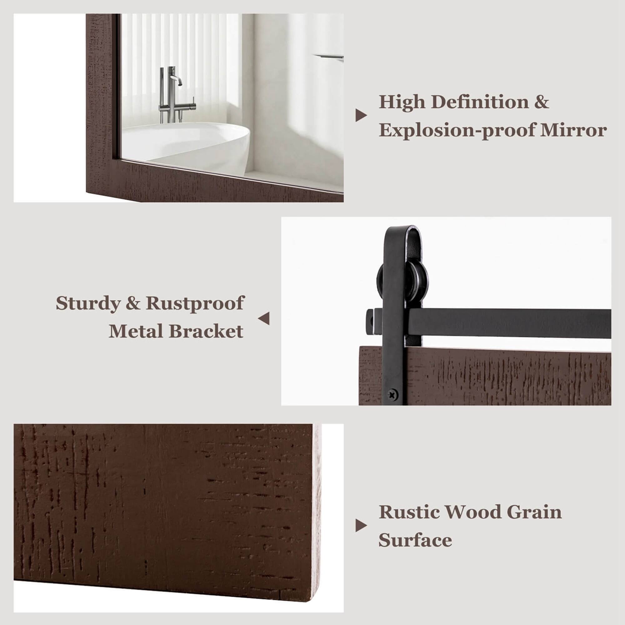- High Definition & Explosion-proof Mirror
- Sturdy & Rustproof Metal Bracket
- Rustic Wood Grain Surface