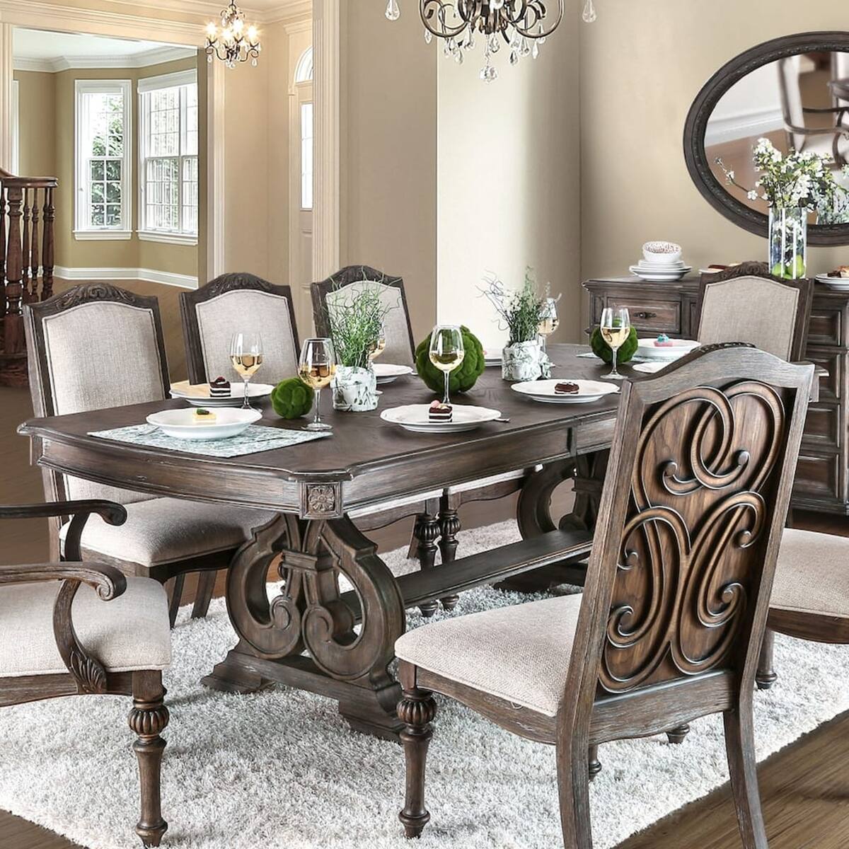 Left. Loheer - Loheer Rustic Solid Wood Dining Table with Expandable Leaf, Trestle Base, Seats 8 - Natural.