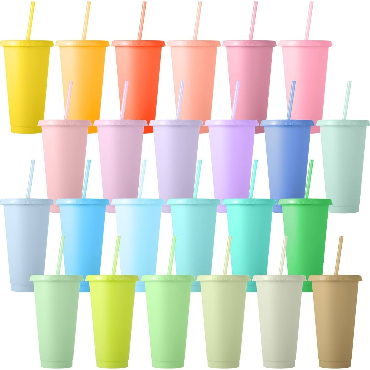 Front. PARKER SLATER - 24 pcs pastel 24 oz plastic tumblers with lids and straws, reusable skinny cups for parties and gifts. - Pastel.
