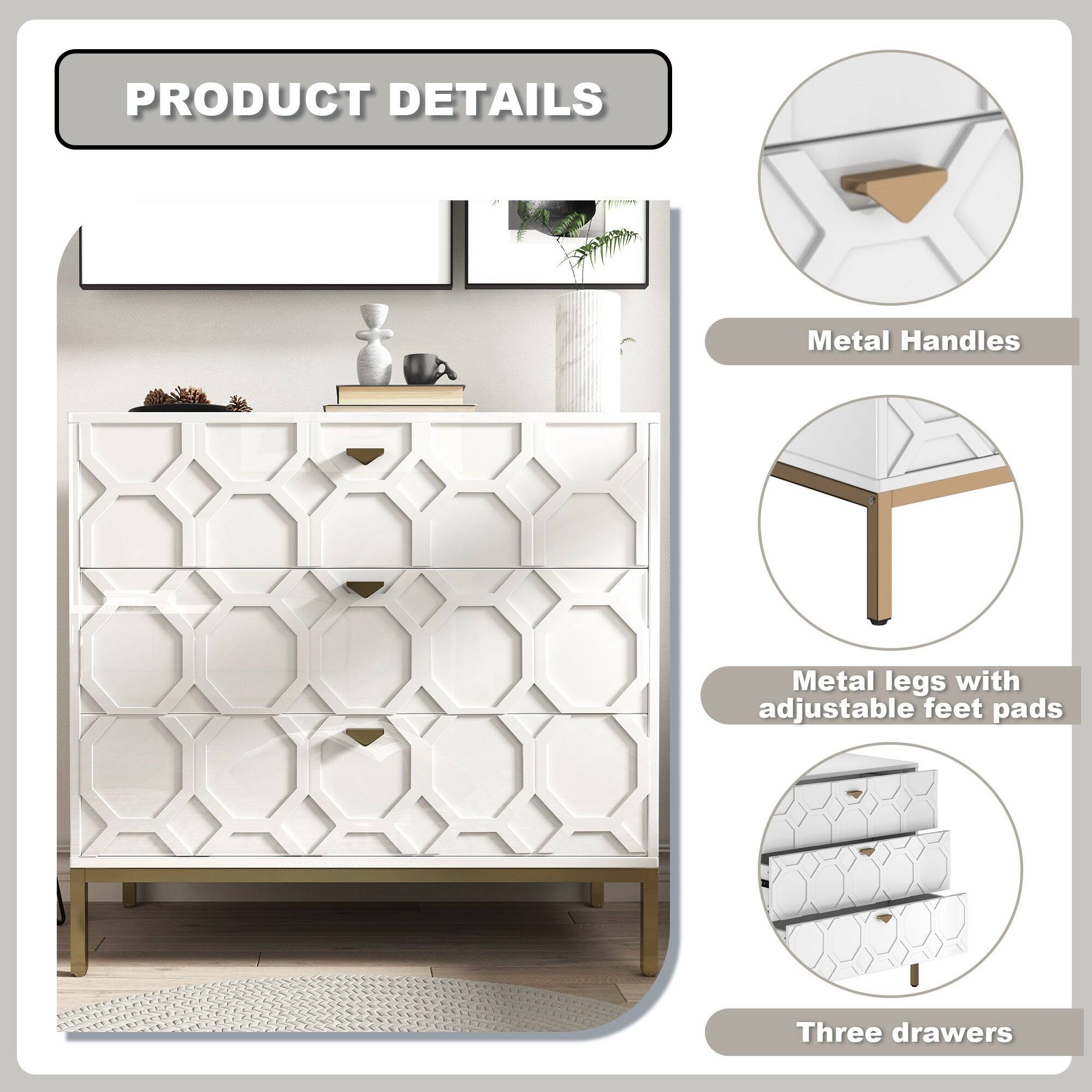 PRODUCT DETAILS

- Metal Handles
- Metal legs with adjustable feet pads
- Three drawers