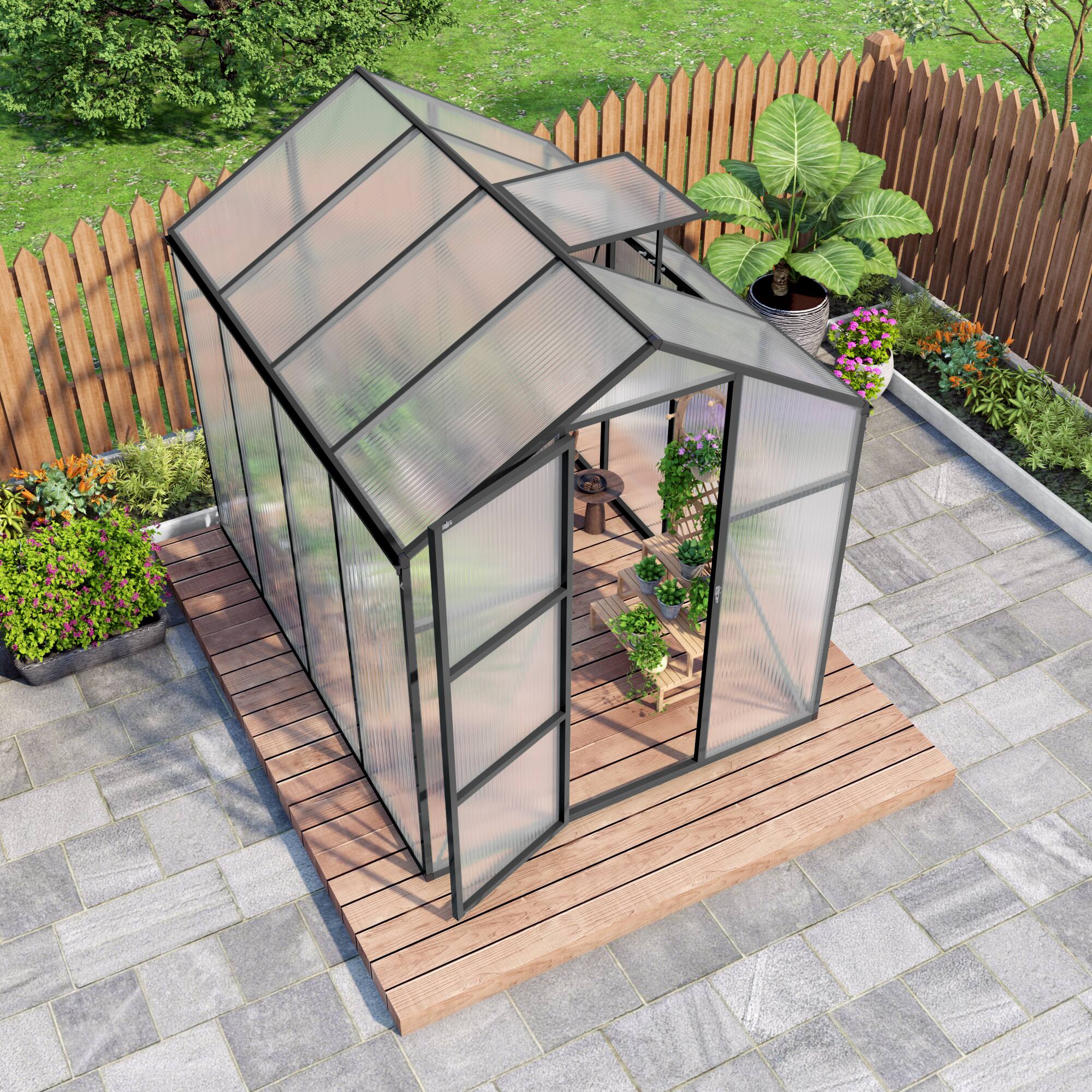 Left. Mondawe - 6x8 FT Polycarbonate Greenhouse with Raised Base and Anchor Aluminum, Gain Height Windproof Aluminum - Black.