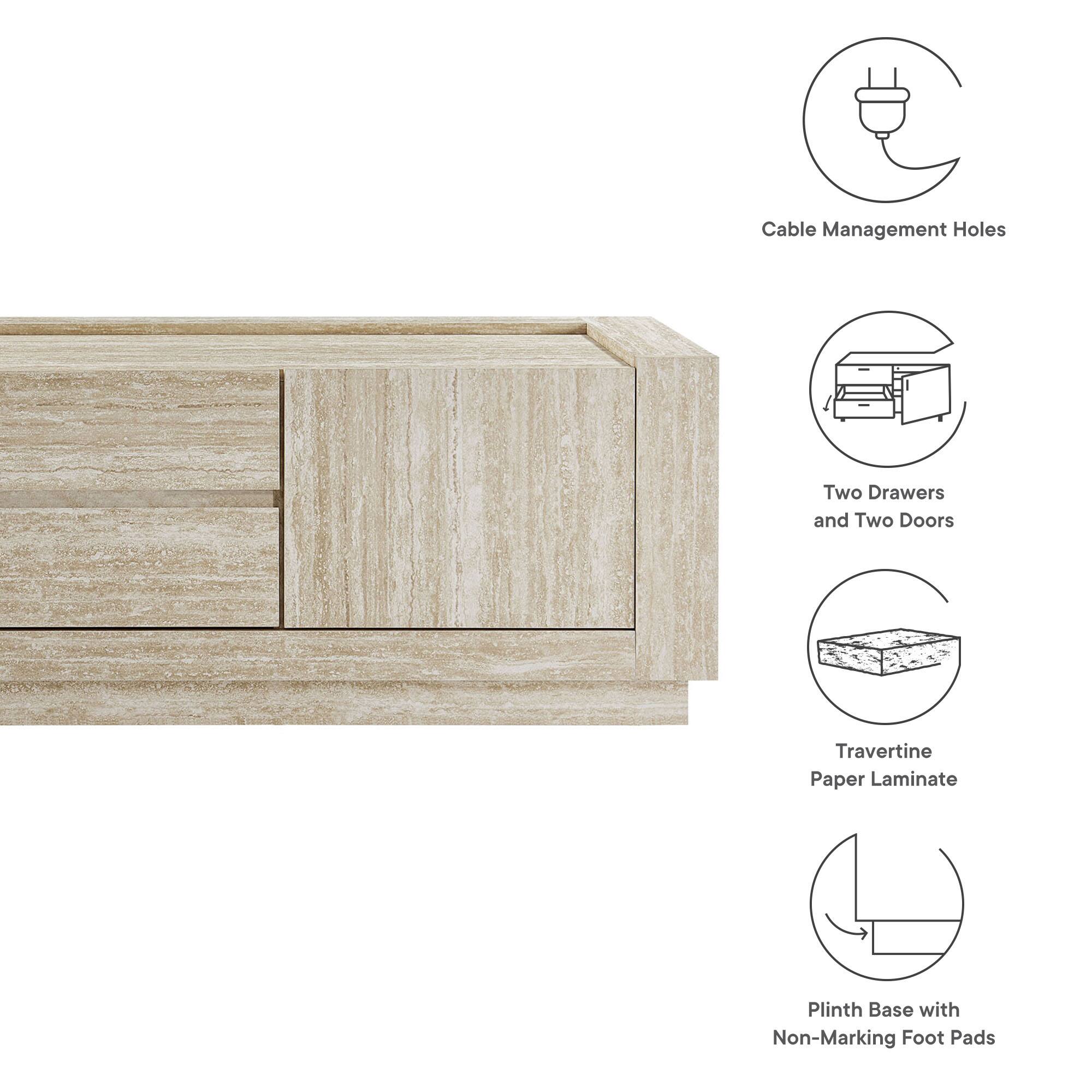 Cable Management Holes  
Two Drawers and Two Doors  
Travertine Paper Laminate  
Plinth Base with Non-Marking Foot Pads