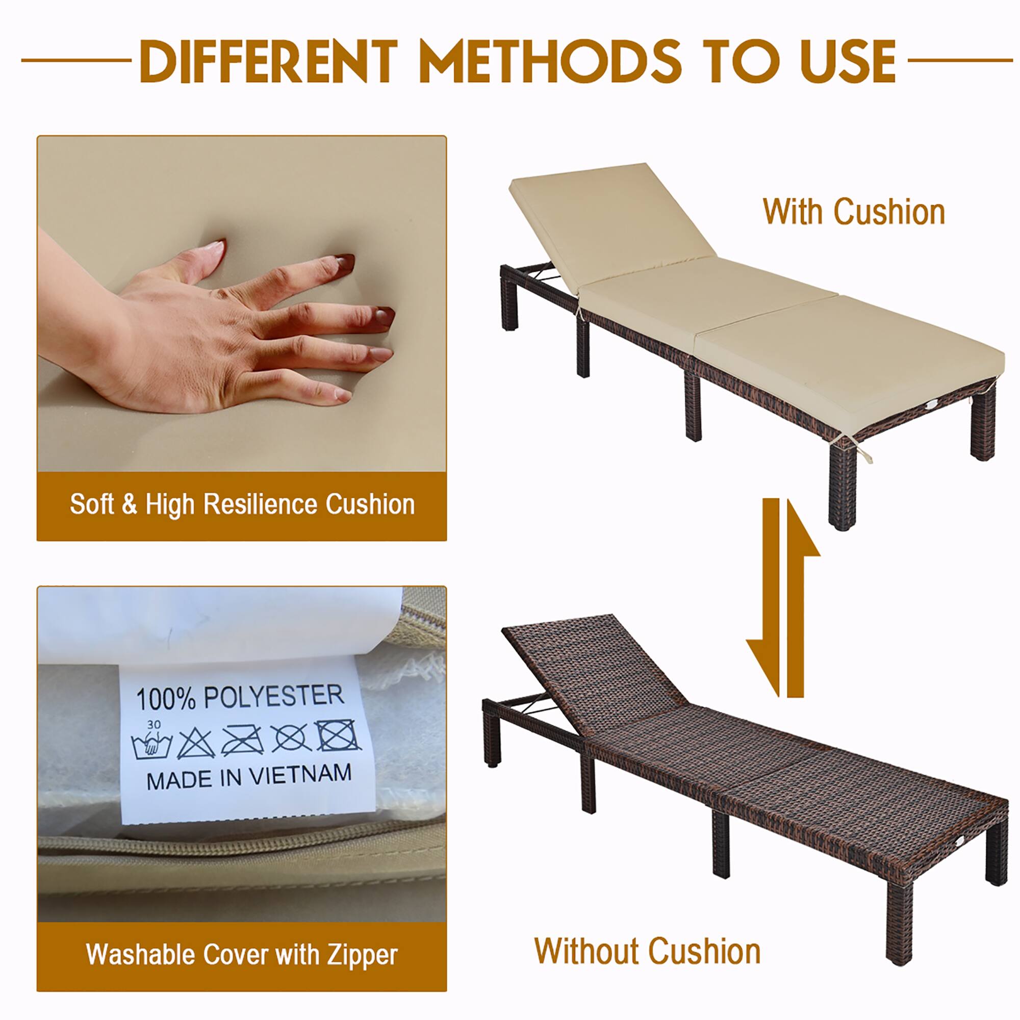 DIFFERENT METHODS TO USE WITH CUSHION Soft & High Resilience Cushion 100% POLYESTER 100% MADE IN VIETNAM Washable Cover with Zipper Without Cushion