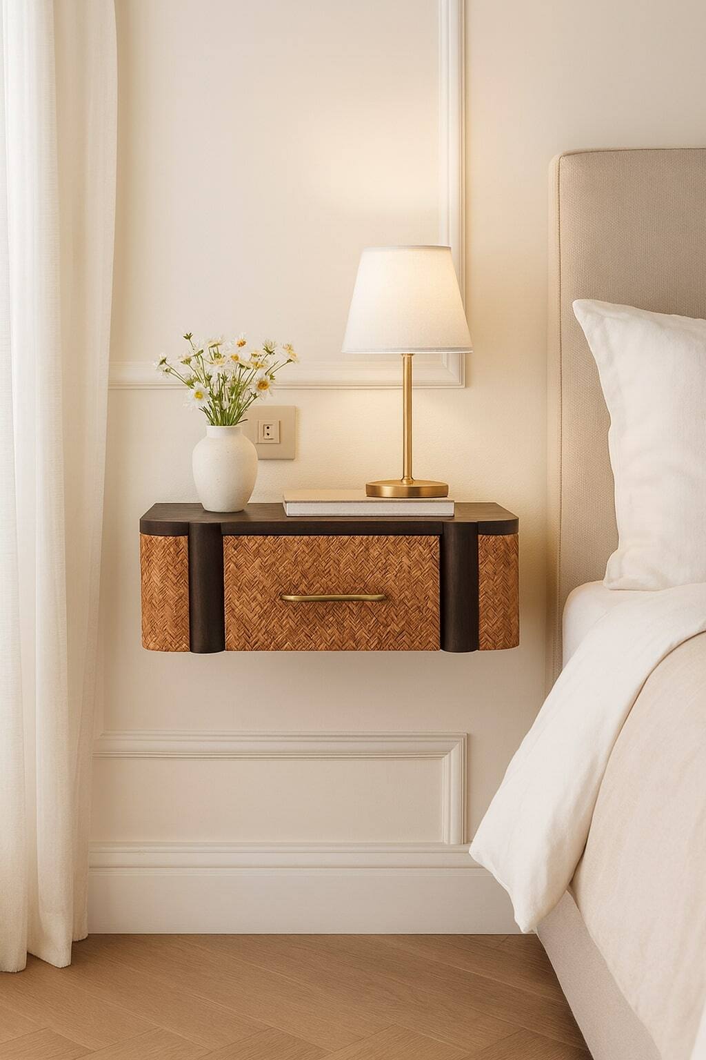Angle. Artisan Furniture - Artisan Furniture Solid Wood Rattan Curve Wall-Mounted Drawer - Dark Brown.