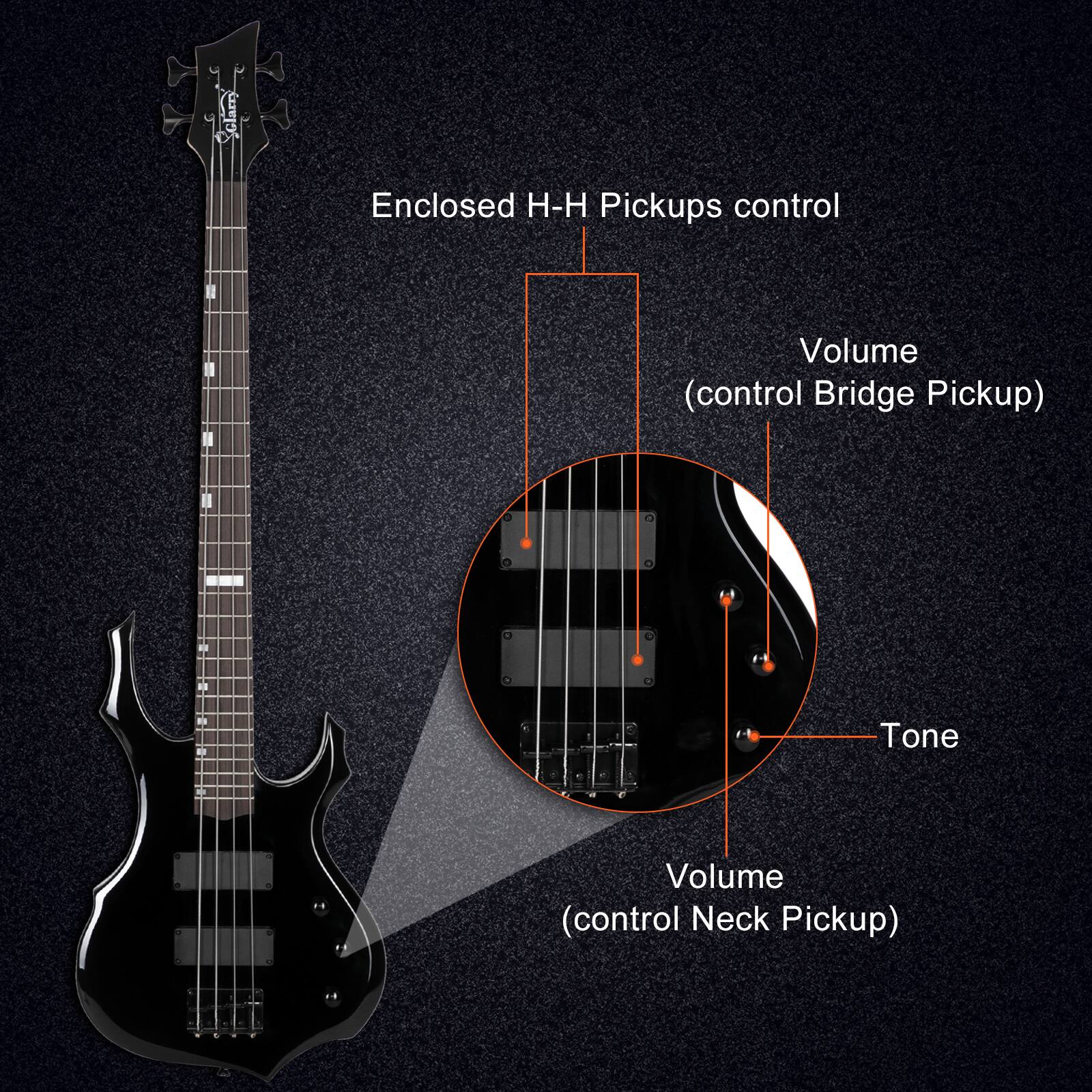 Enclosed H-H Pickups control  
Volume (control Bridge Pickup)  
Tone  
Volume (control Neck Pickup)