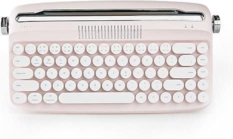 Wikistore - Upgraded Wireless Typewriter Keyboard, Retro Keyboard with Integrated Stand, Cute Round Keycaps for Multi Device - Pink