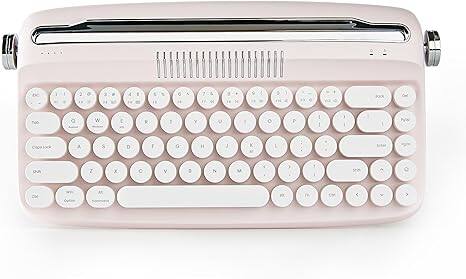 Wikistore - Upgraded Wireless Typewriter Keyboard, Retro Keyboard with Integrated Stand, Cute Round Keycaps for Multi Device - Pink
