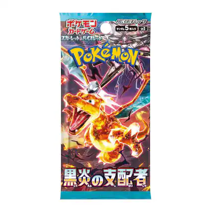 Sure, here is the corrected and grouped text from the image:
**Top Left:**
- ポケモンカードゲーム
- ジュニアトレーナー向け
**Top Center:**
- ポケモン
**Top Right:**
- ランダム5枚入り
- SV3
**Center:**
- 黒炎の支配者
**Bottom:**
- EK
- レアリティ
- レアリティ