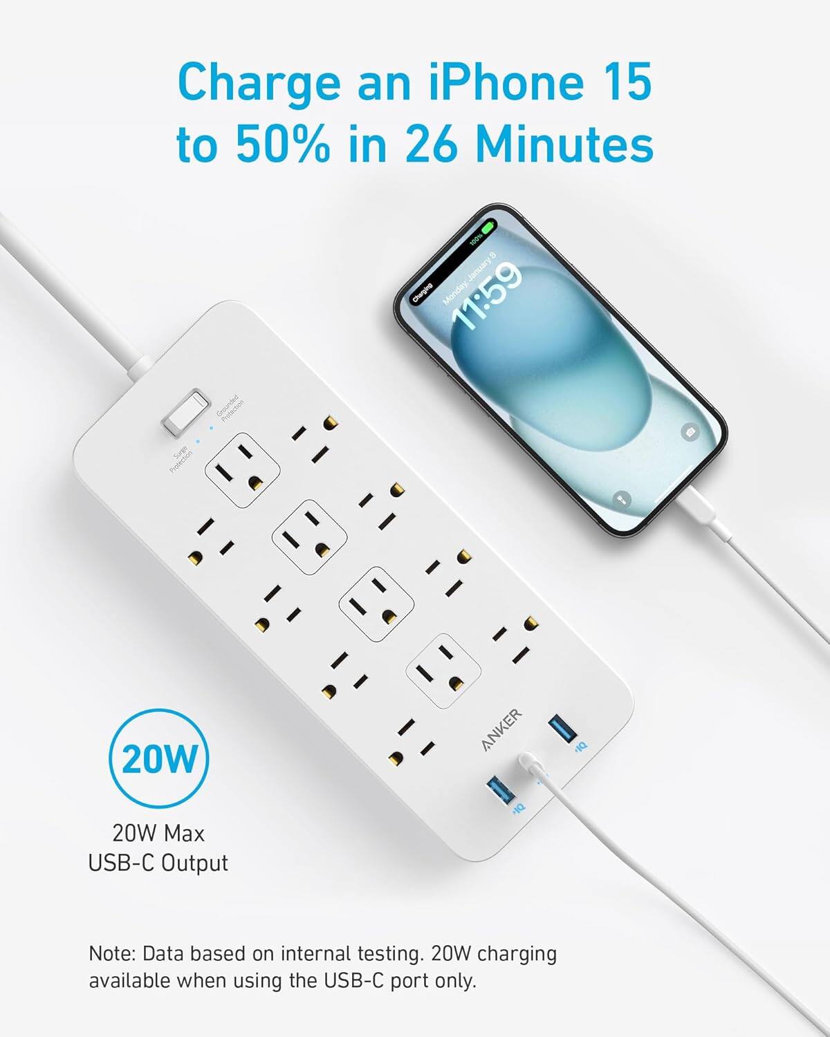 Charge an iPhone 15 to 50% in 26 Minutes  
100% - January Charging Monday 11:59  
Protecting  
20W ANKER DI 20W Max USB-C Output  
Note: Data based on internal testing. 20W charging available when using the USB-C port only.