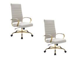 LeisureMod - Set of 2 Benmar High-Back Leather Conference Desk Office Chair with Gold Frame, Adjustable, Swivel and Tilt - Tan