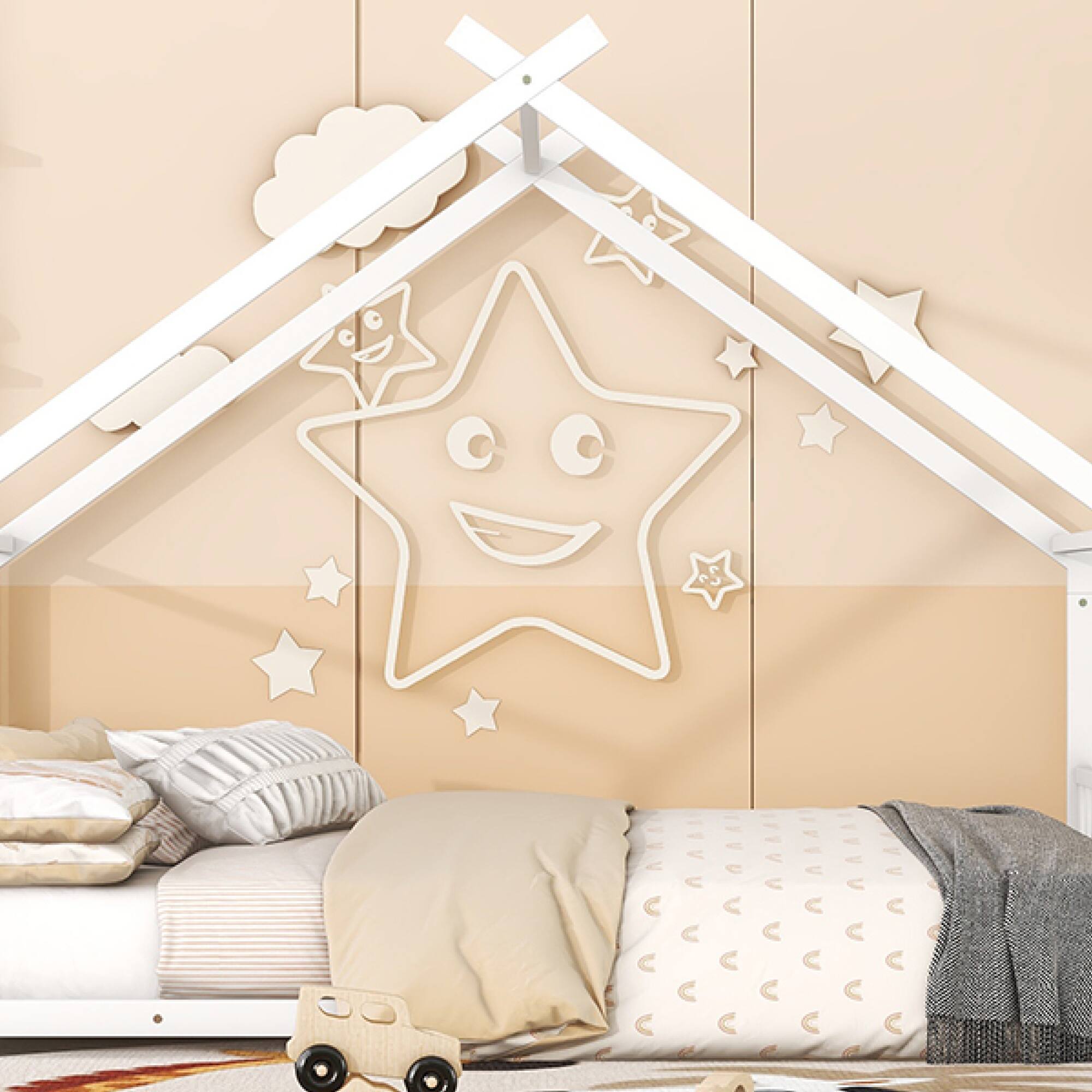 Alt View 9. GOODSILO - Full Size Metal House Bed with Playhouse Roof Design for Kids Room Furniture and Sleep Space - White.