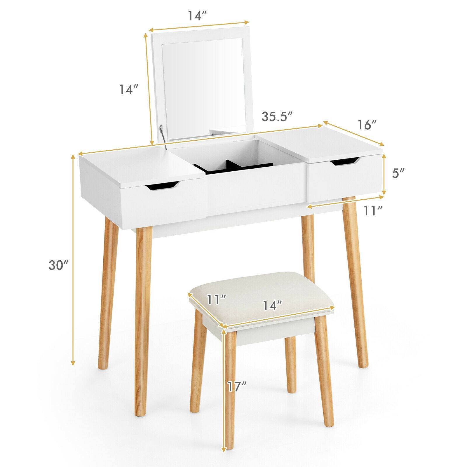 - Height of the desk: 30"
- Width of the desk: 35.5"
- Depth of the desk: 16"
- Height of the drawer: 5"
- Width of the drawer: 14"
- Depth of the drawer: 11"
- Height of the chair: 17"
- Width of the chair seat: 14"
- Depth of the chair seat: 11"