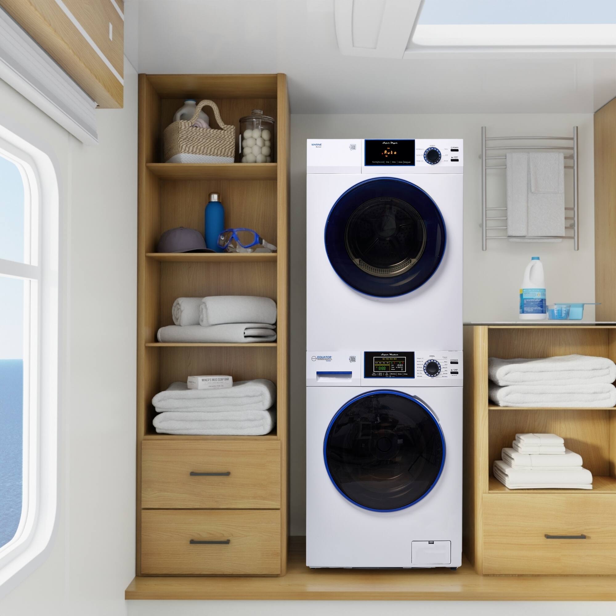 Left. Equator - Equator RV MARINE ANTI CORROSION Stackable Compact 1.6cf Super Washer EW 828 + 3.1cf Electric Dryer Vented ED 868 110V - White.