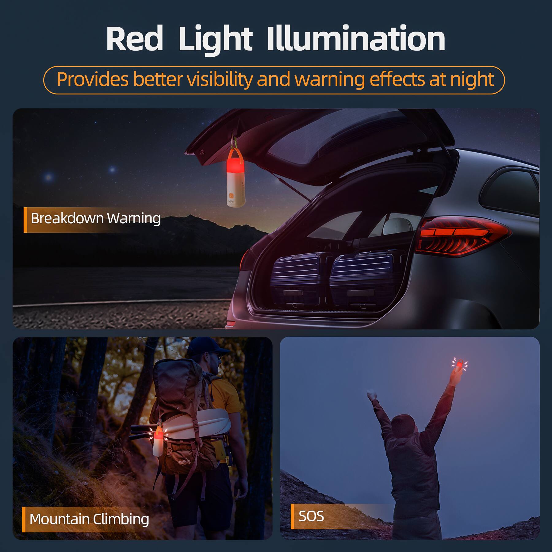 Red Light Illumination  
Provides better visibility and warning effects at night  

Breakdown Warning  
Mountain Climbing  
SOS