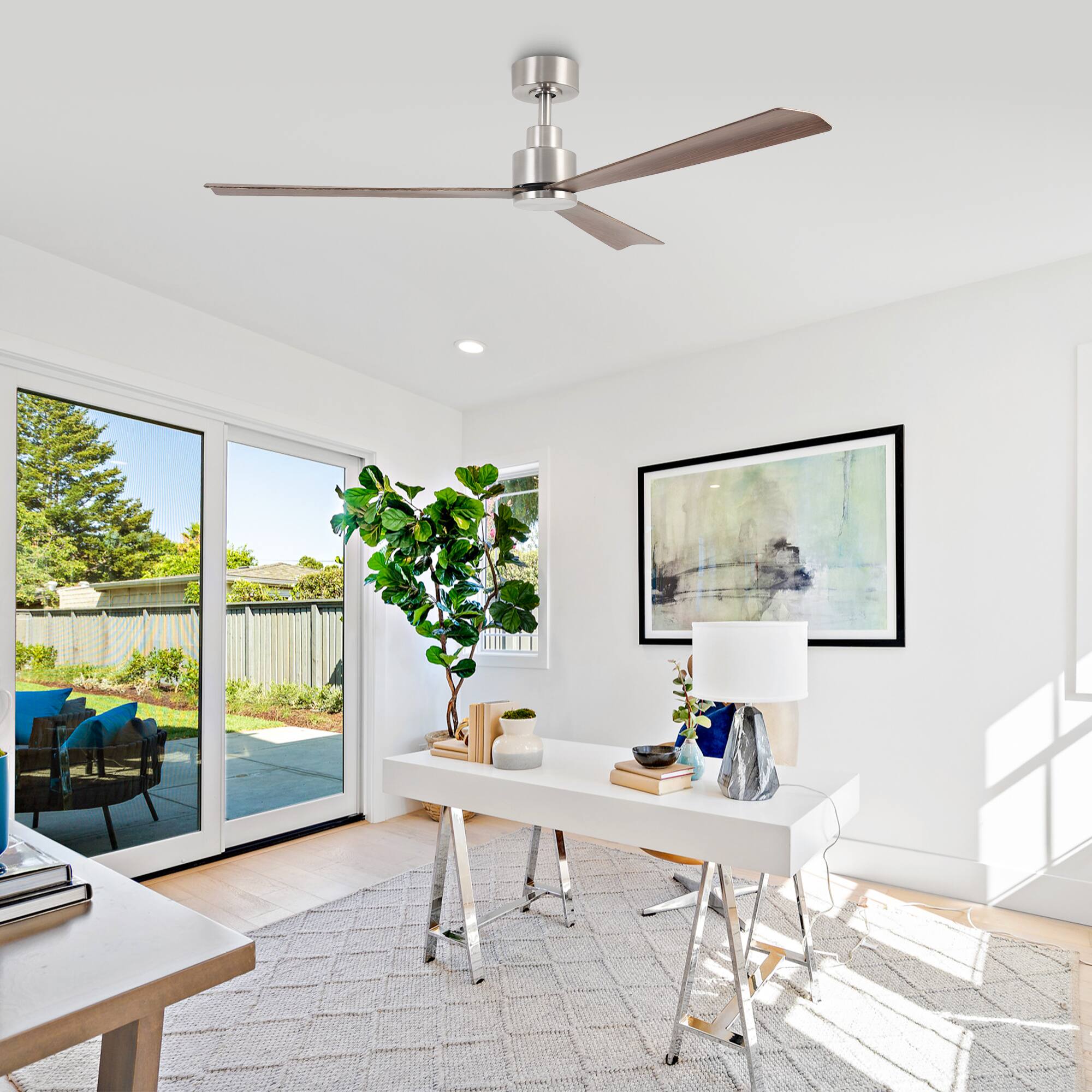 Left. Parrot Uncle - 52" Modern 3-Blade Ceiling Fan with Reversible DC Motor, 6-Speed, Remote Control, No Light - Nickel.