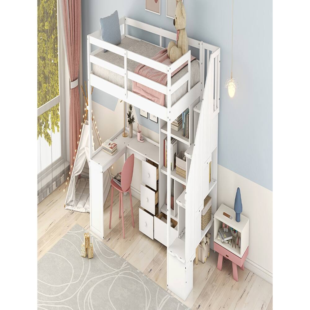 Alt View 2. Loheer - Loheer Twin Loft Bed with Desk, White Loft Bed with Storage Stairs - White.