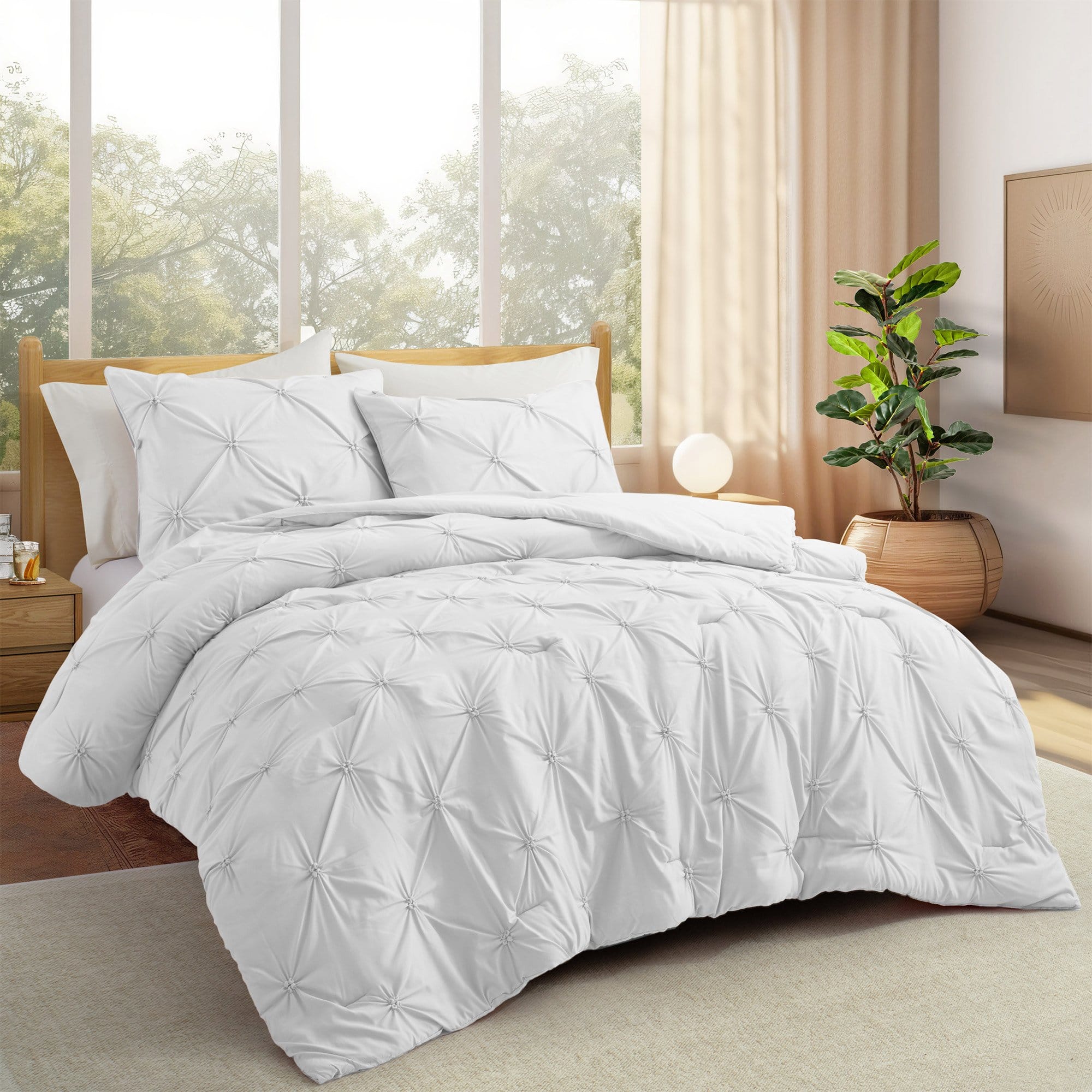 Peace Nest 3 Pieces Pinch Pintuck Comforter Set Bedding Set for All Season - White