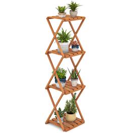 Gymax - 4-Tier Folding Plant Stand w/ Slatted Layers Stable X-shaped Structure - Nature Teak Color