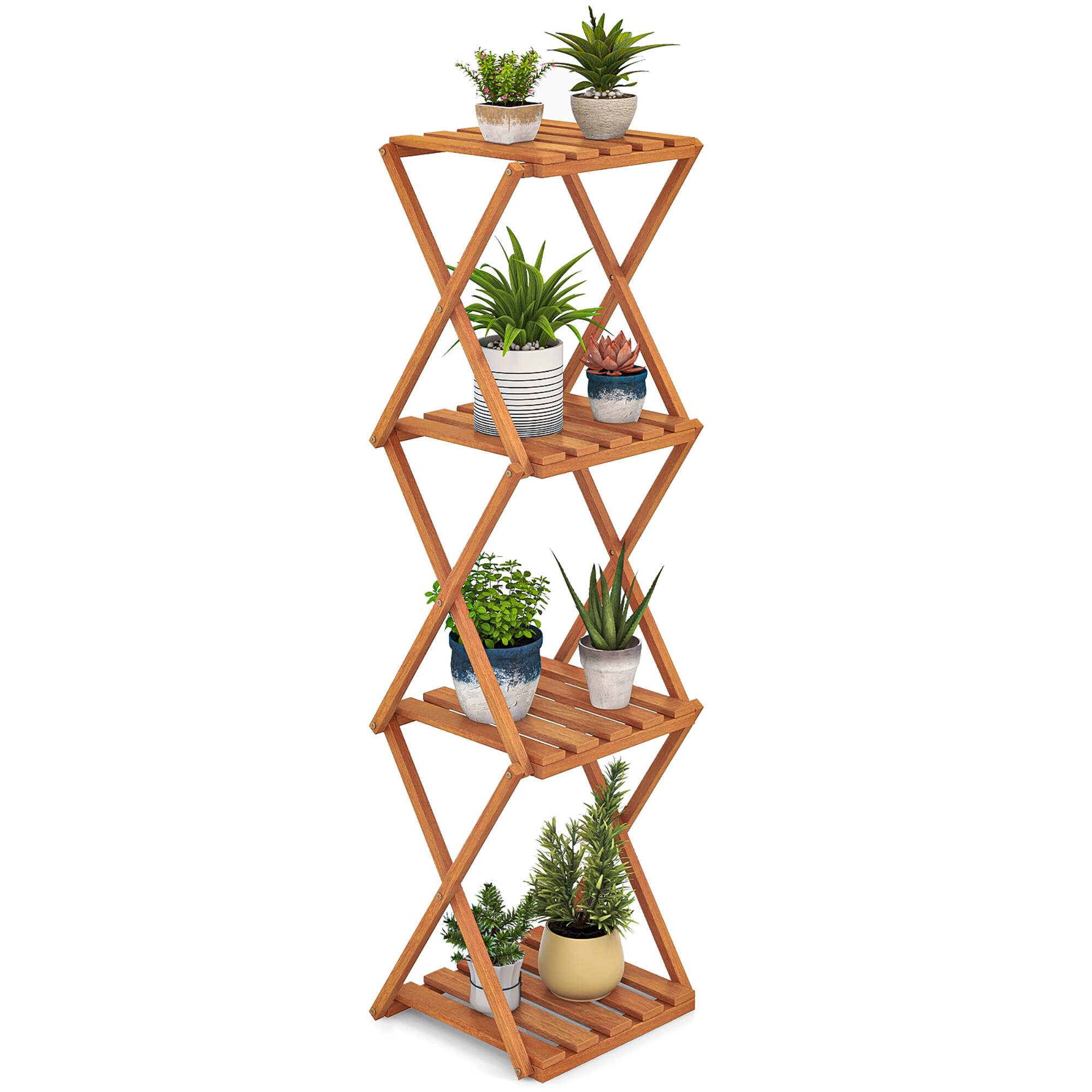 Front. Gymax - Gymax 4-Tier Folding Plant Stand w/ Slatted Layers Stable X-shaped Structure - Nature Teak Color.