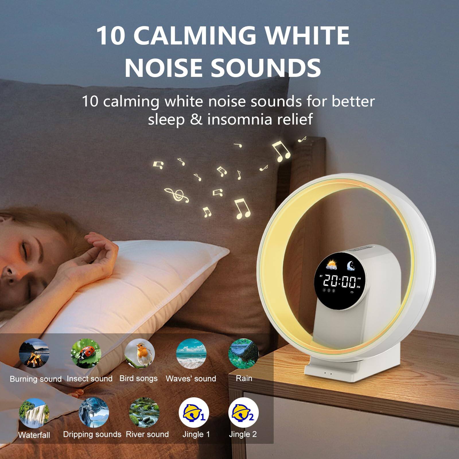 10 CALMING WHITE NOISE SOUNDS

10 calming white noise sounds for better sleep & insomnia relief

- Burning sound
- Insect sound
- Bird songs
- Waves' sound
- Rain
- Waterfall
- Dripping sounds
- River sound
- Jingle 1
- Jingle 2