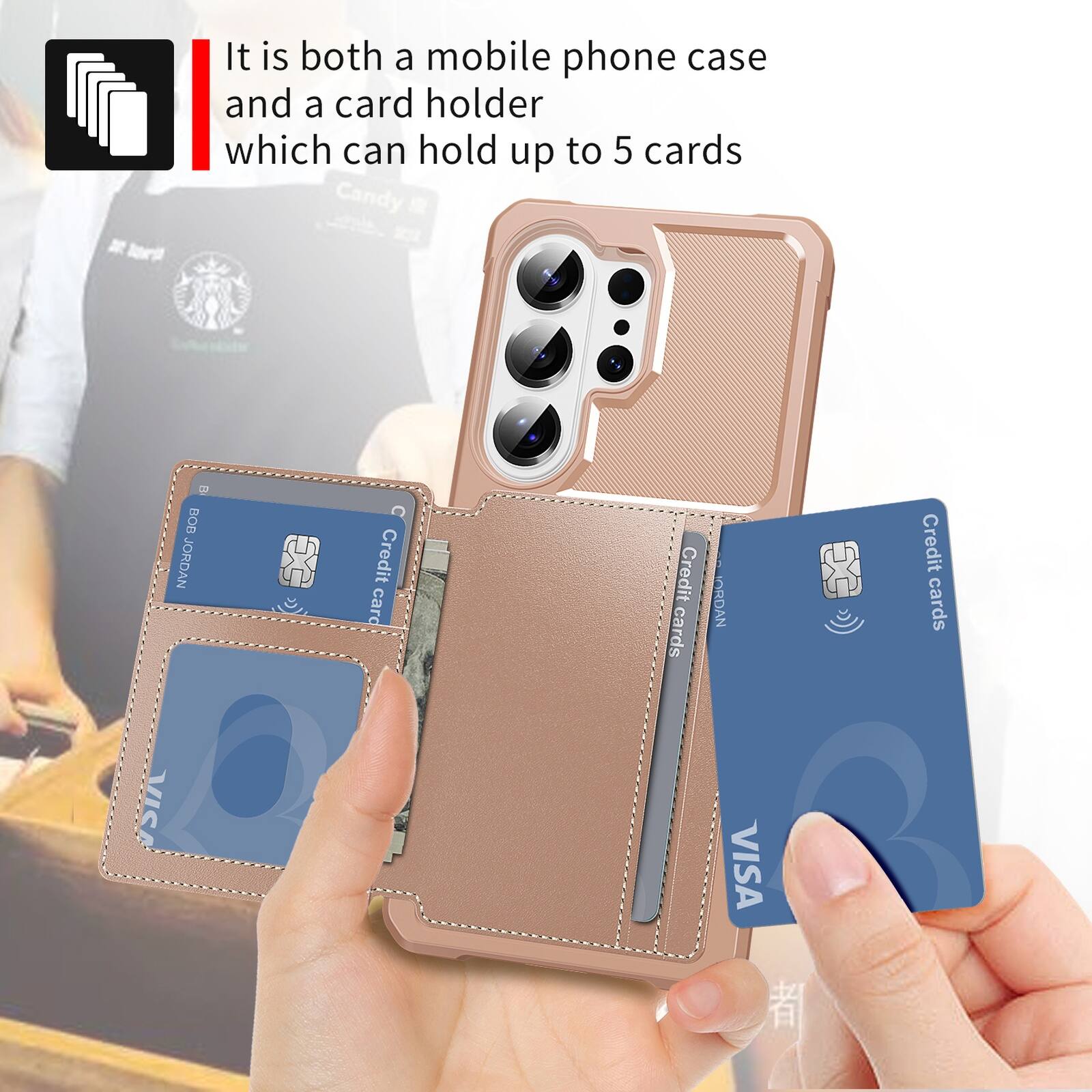 It is both a mobile phone case and a card holder which can hold up to 5 cards.