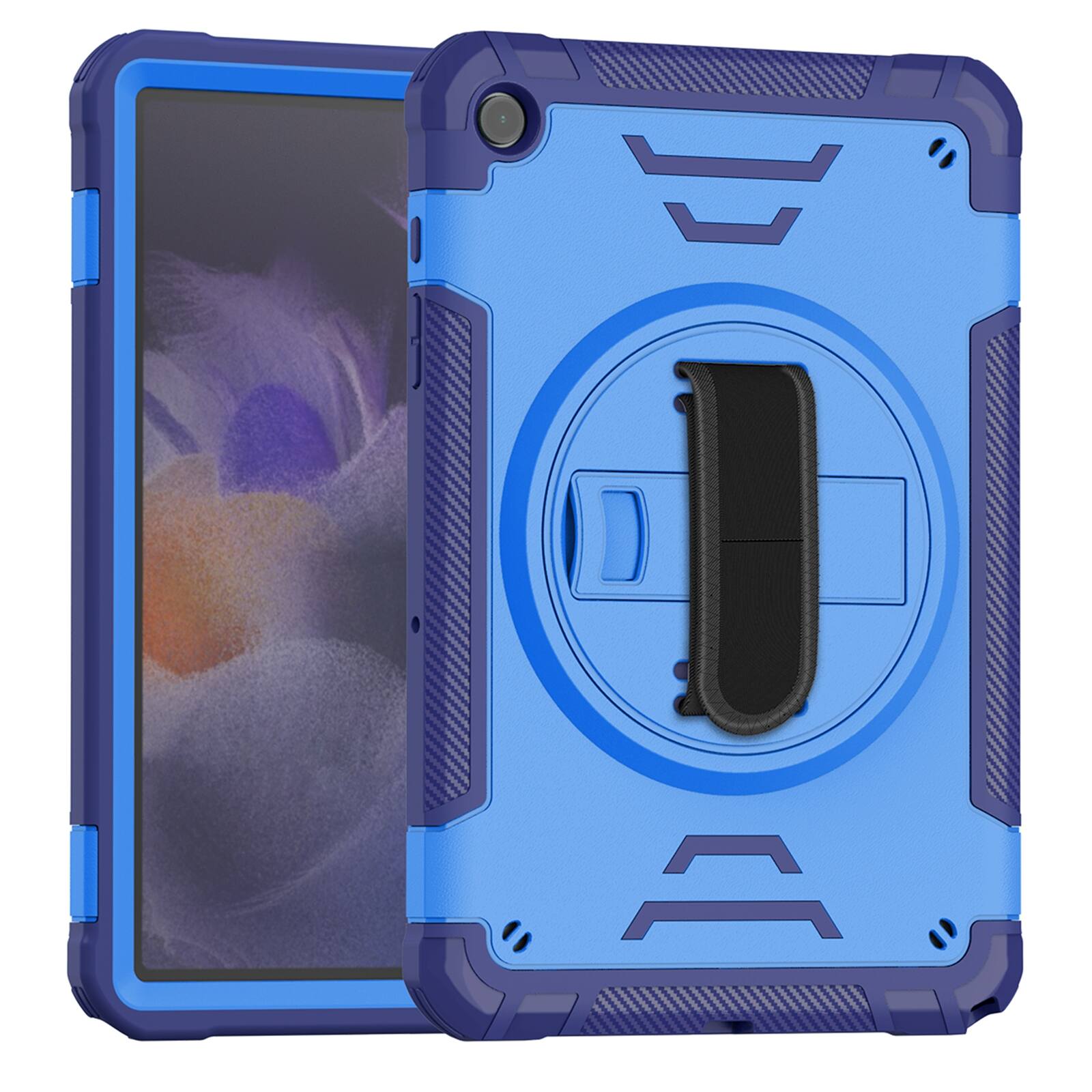 Angle. Dteck - Shockproof Case for Samsung Galaxy Tab A9+ with Shoulder Hand Strap, Kid Friendly Rugged Cover with 360 Rotating Stand - Blue.