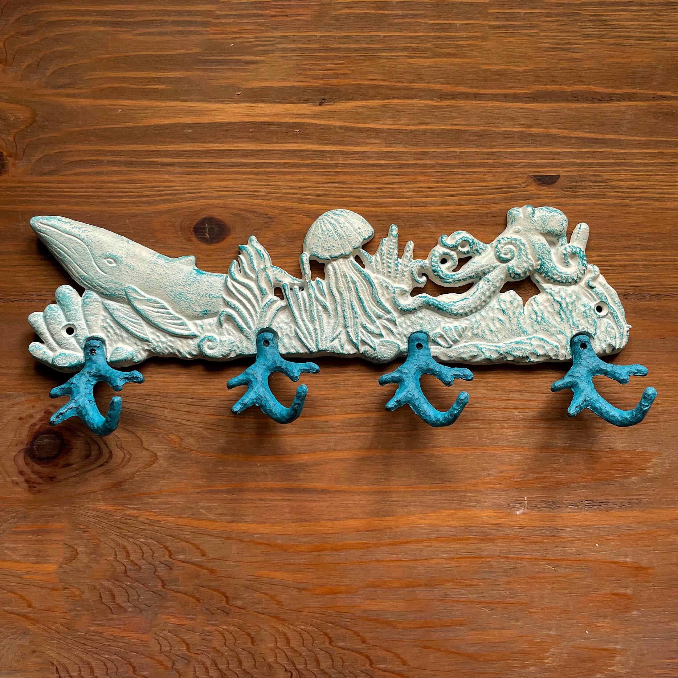 Alt View 7. Zeckos - Cast Iron Sealife Plaque with Coral Hooks - Coastal Wall Decor - Blue.
