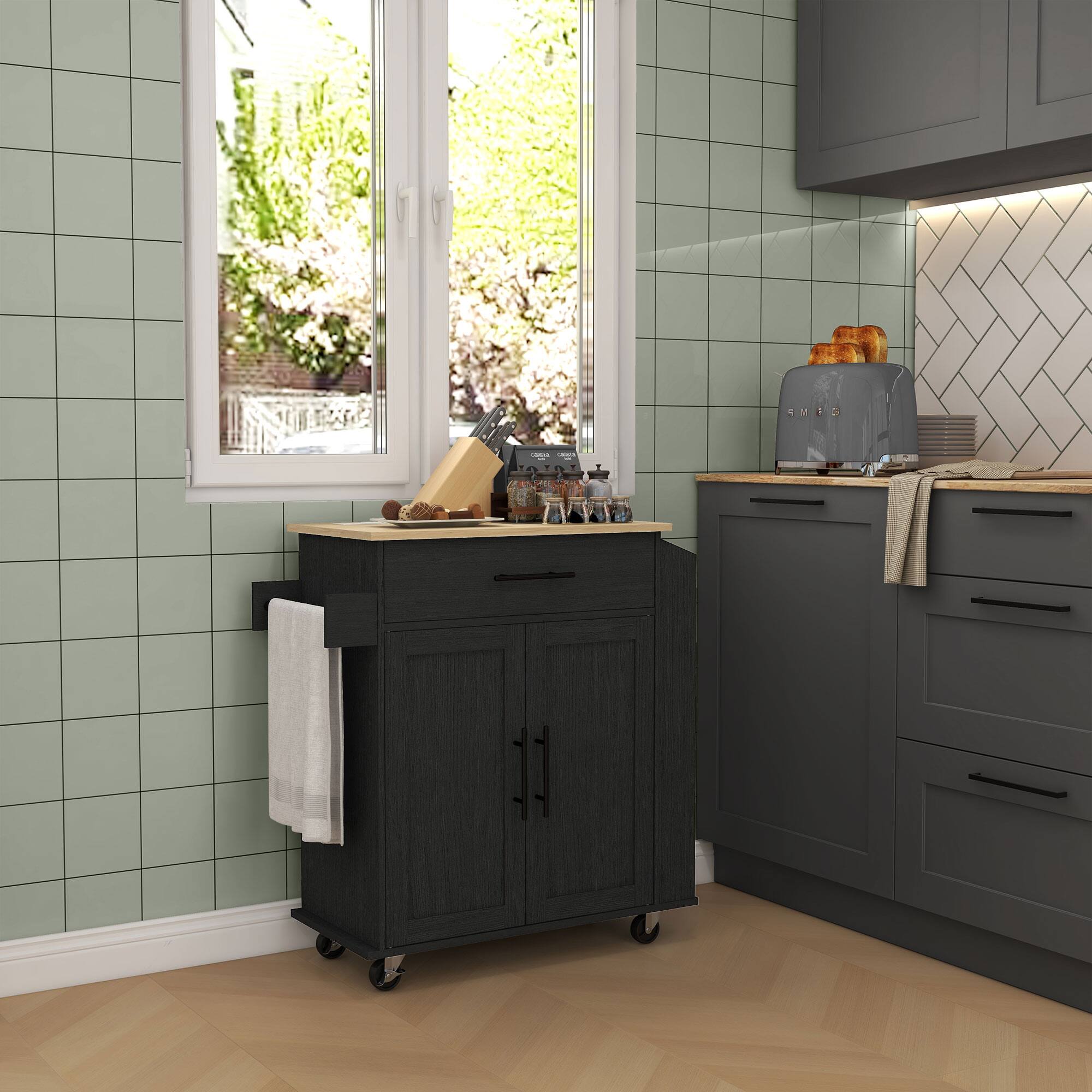 Alt View 8. Homcom - Kitchen Island with Storage, Rolling Kitchen Cart with AC Outlets and USB Ports, Microwave Stand with Towel - Black.