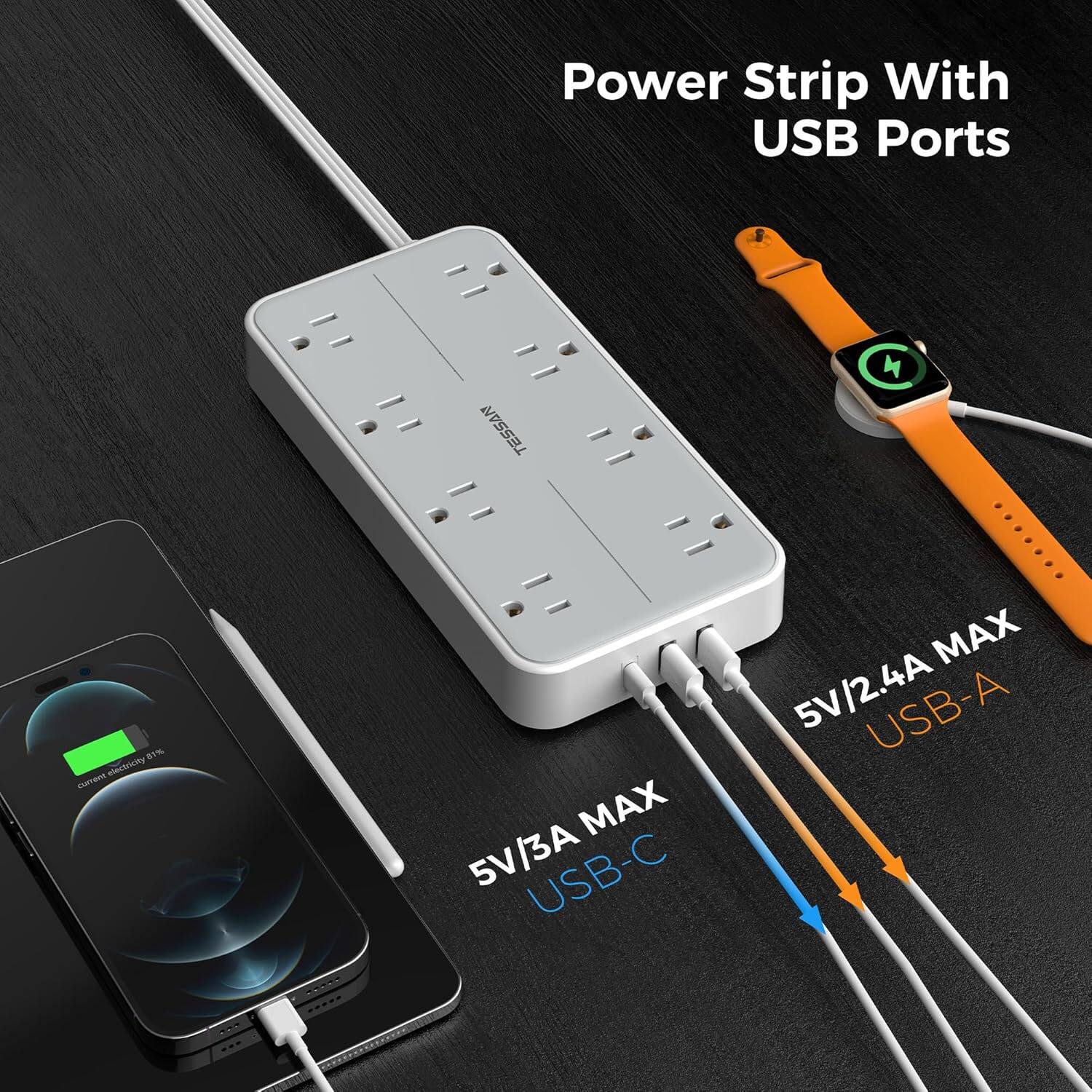 Power Strip With USB Ports

TESSAN

5V/3A MAX USB-C  
5V/2.4A MAX USB-A