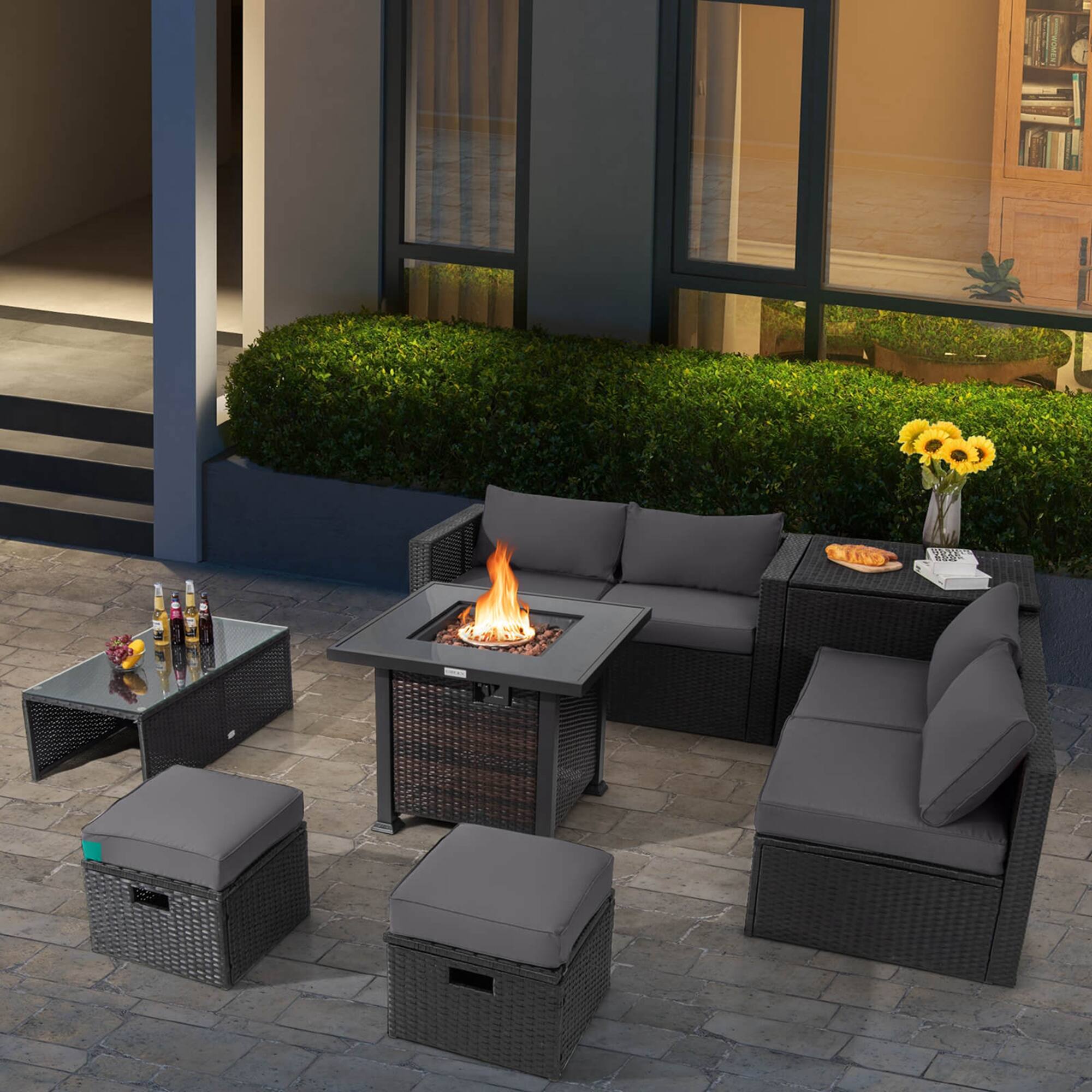 Alt View 3. Costway - 9 PCS Patio Furniture Set with 32" Fire Pit Table 50,000 BTU Square Propane Fire Pit - Grey.