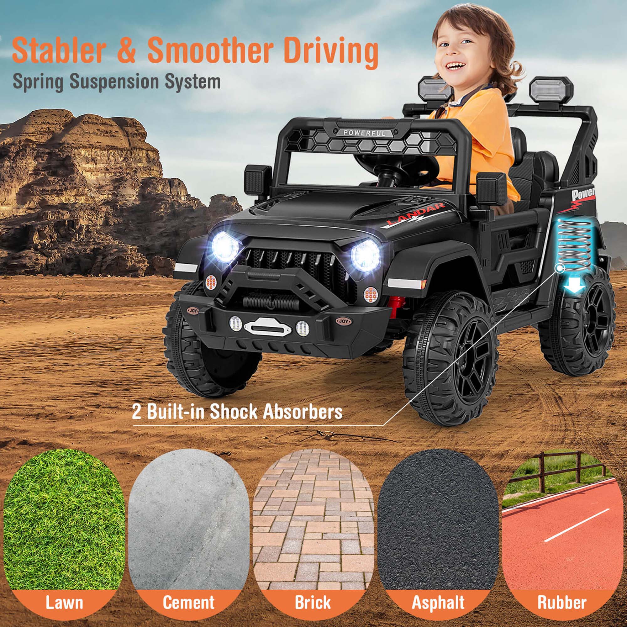 Stabler & Smoother Driving  
Spring Suspension System  

2 Built-in Shock Absorbers  

Lawn  
Cement  
Brick  
Asphalt  
Rubber