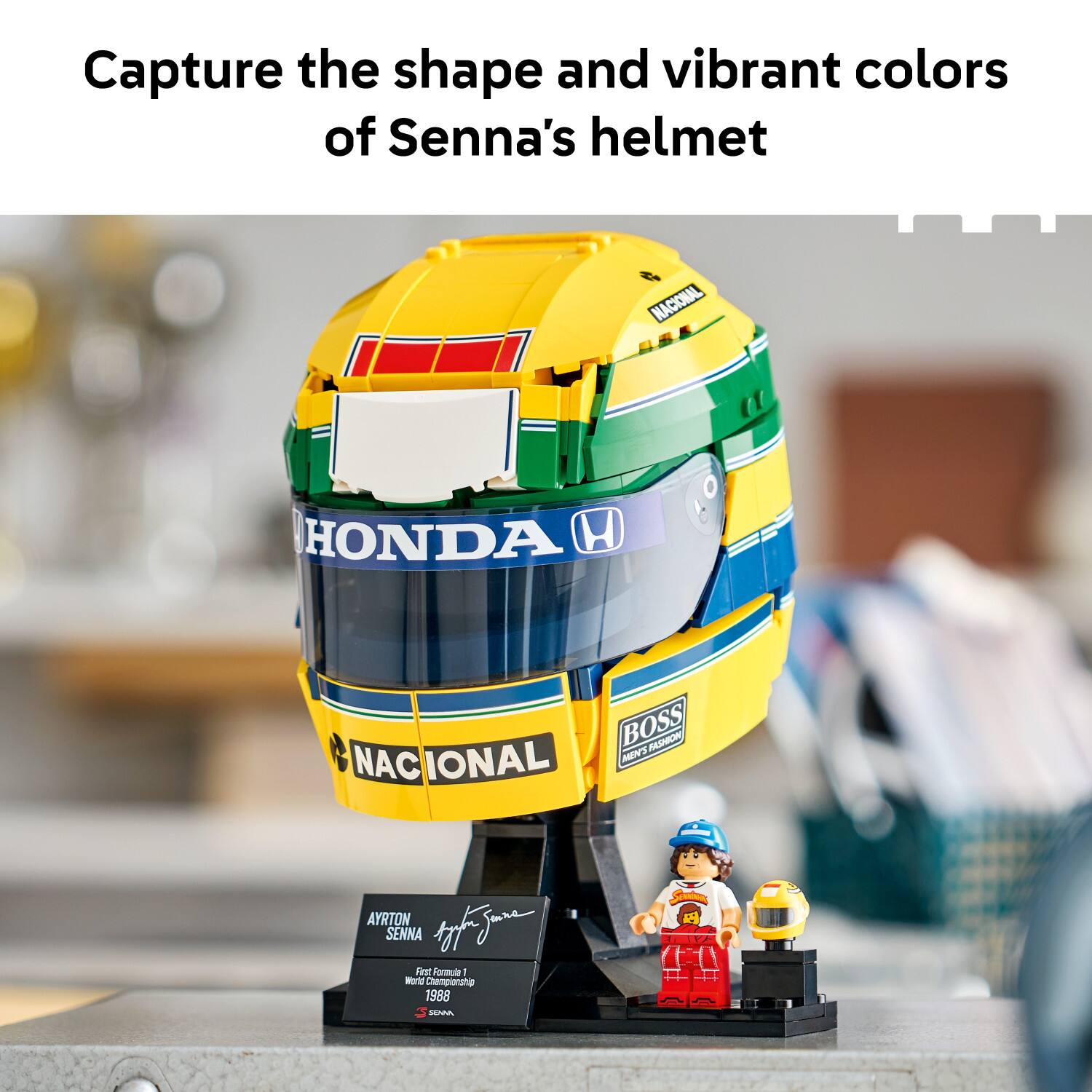 Capture the shape and vibrant colors of Senna's helmet

NACIONAL
HONDA H
3 BOSS MEN'S FASHION NAC IONAL
AYRTON SENNA
First Formula 1 World Championship 1988