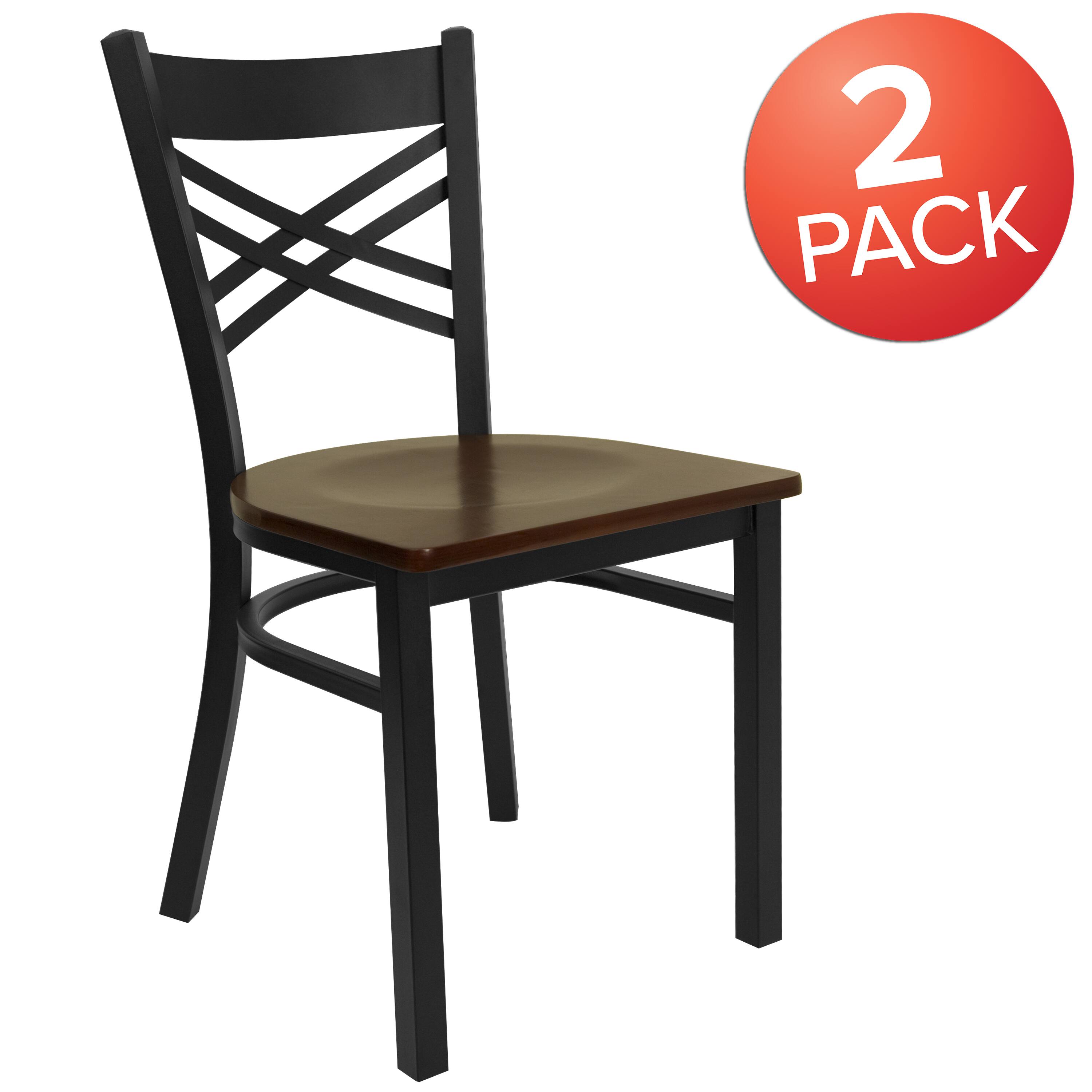 Alt View 1. Emma + Oliver - 2 Pack "X" Back Metal Restaurant Chair - Mahogany Wood Seat/Black Metal Frame.