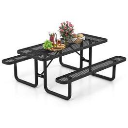 Costway - 72" Coated Steel Camping Table with Seats Outdoor Picnic Table & Bench Set for 8 - Black