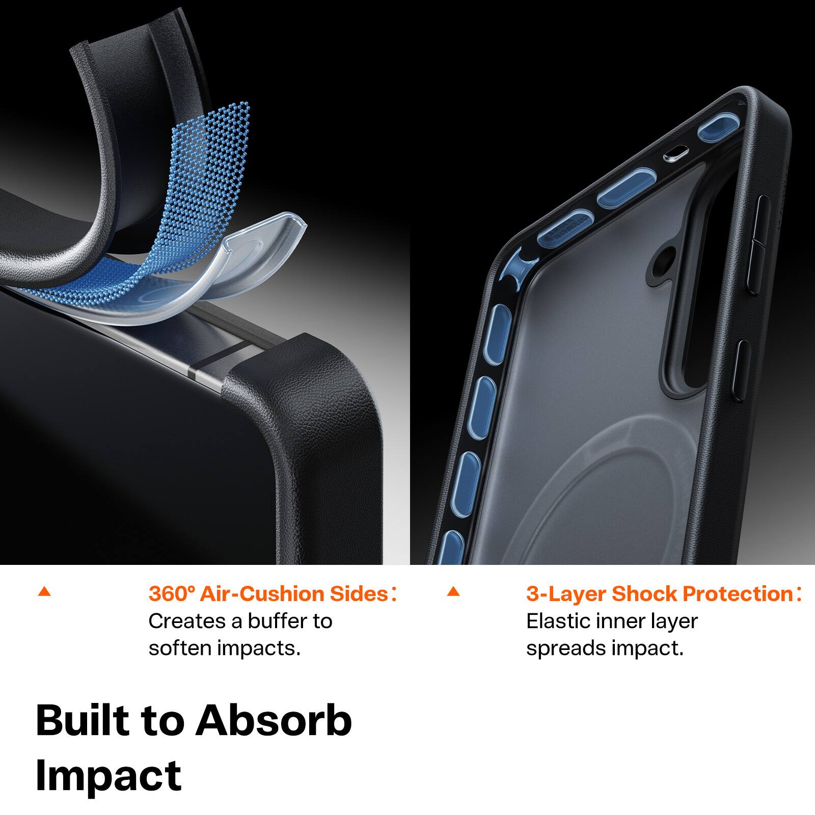 360° Air-Cushion Sides: Creates a buffer to soften impacts.  
3-Layer Shock Protection: Elastic inner layer spreads impact.  
Built to Absorb Impact