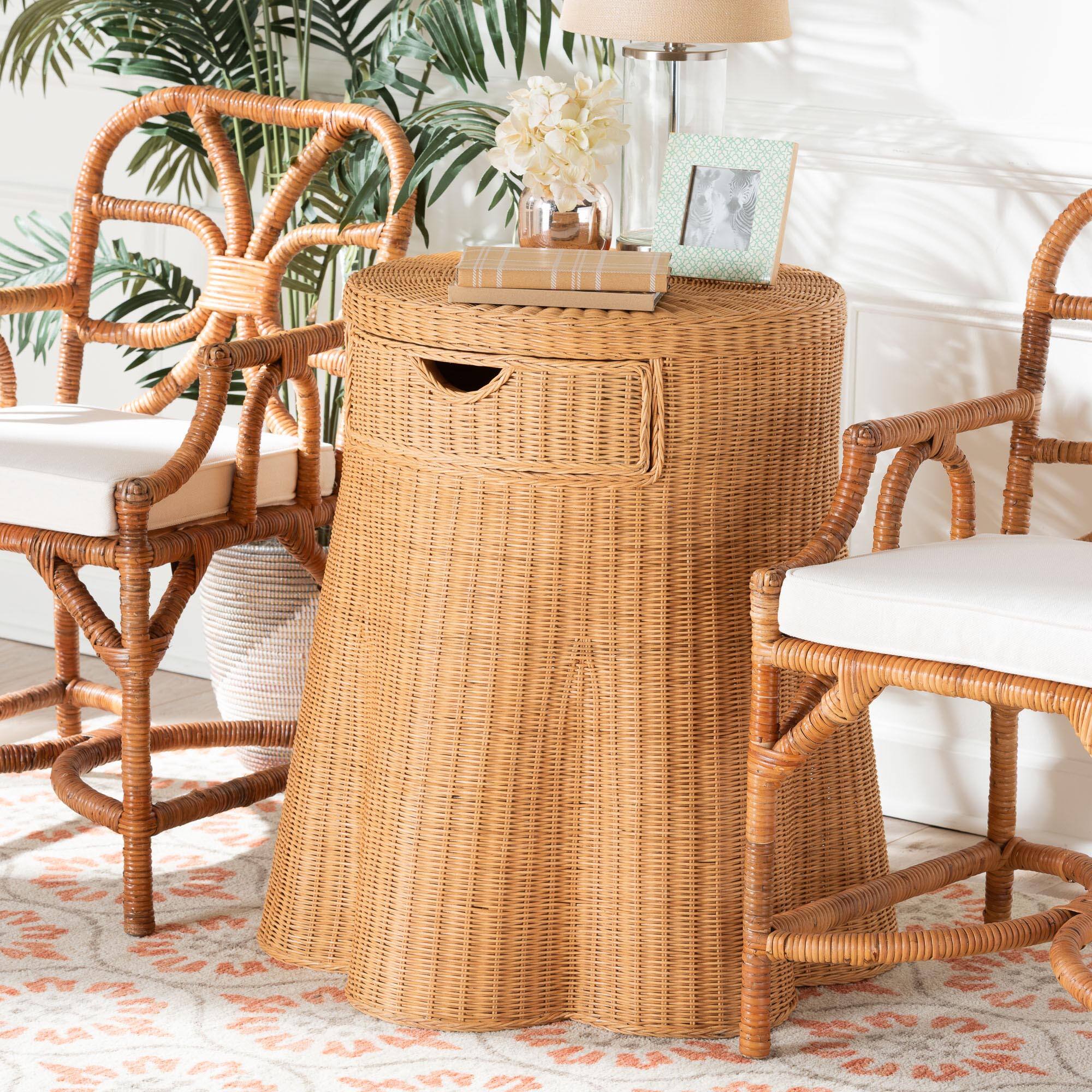 Alt View 6. bali & pari - Dayo Scalloped Natural Rattan Console Table with Drawer - Handwoven Wicker with Flared Skirt, Round - Light Honey.
