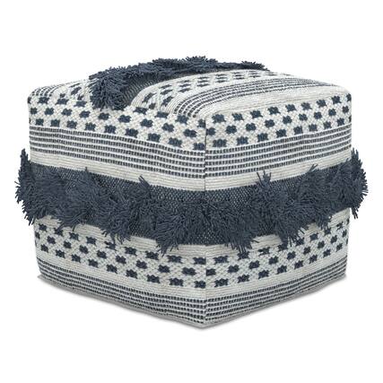 Front. Simpli Home - Bowden Hand Woven Square Cotton Pouf Ottoman in Grey and Ivory - Grey / Ivory.