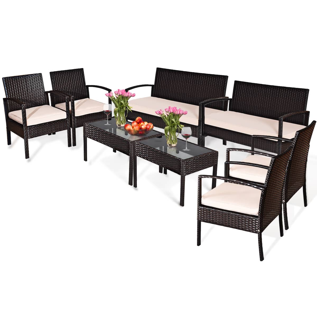 Costway - 8PCS Patio Rattan Conversation Furniture Set Cushioned Seat Glass Table - Multicolor