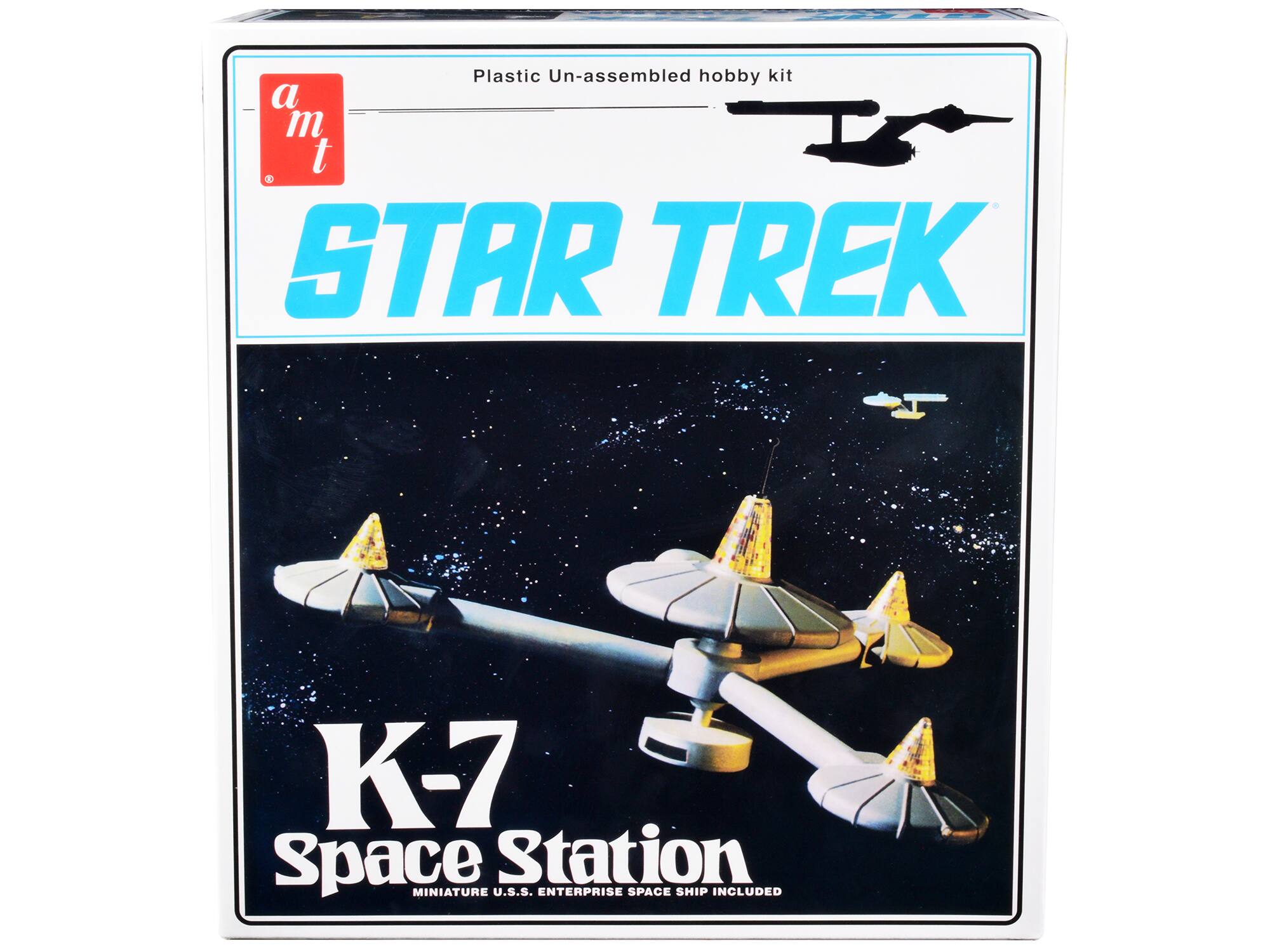 Plastic Un-assembled hobby kit

a m t

STAR TREK

K-7 Space Station

MINIATURE U.S.S. ENTERPRISE SPACE SHIP INCLUDED