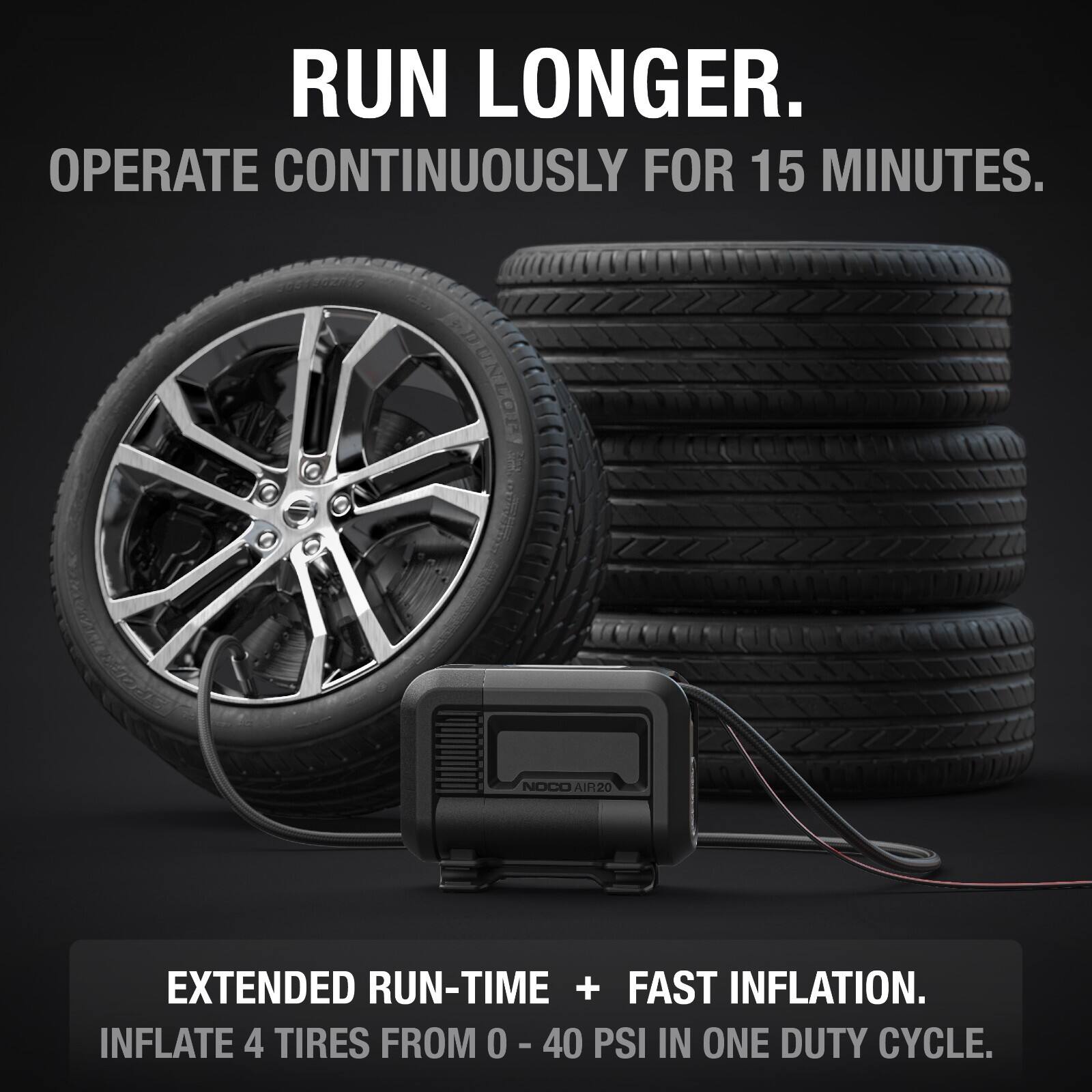 RUN LONGER.  
OPERATE CONTINUOUSLY FOR 15 MINUTES.  
ADUNTORS NOCO AIR20 EXTENDED RUN-TIME + FAST INFLATION.  
INFLATE 4 TIRES FROM 0 - 40 PSI IN ONE DUTY CYCLE.