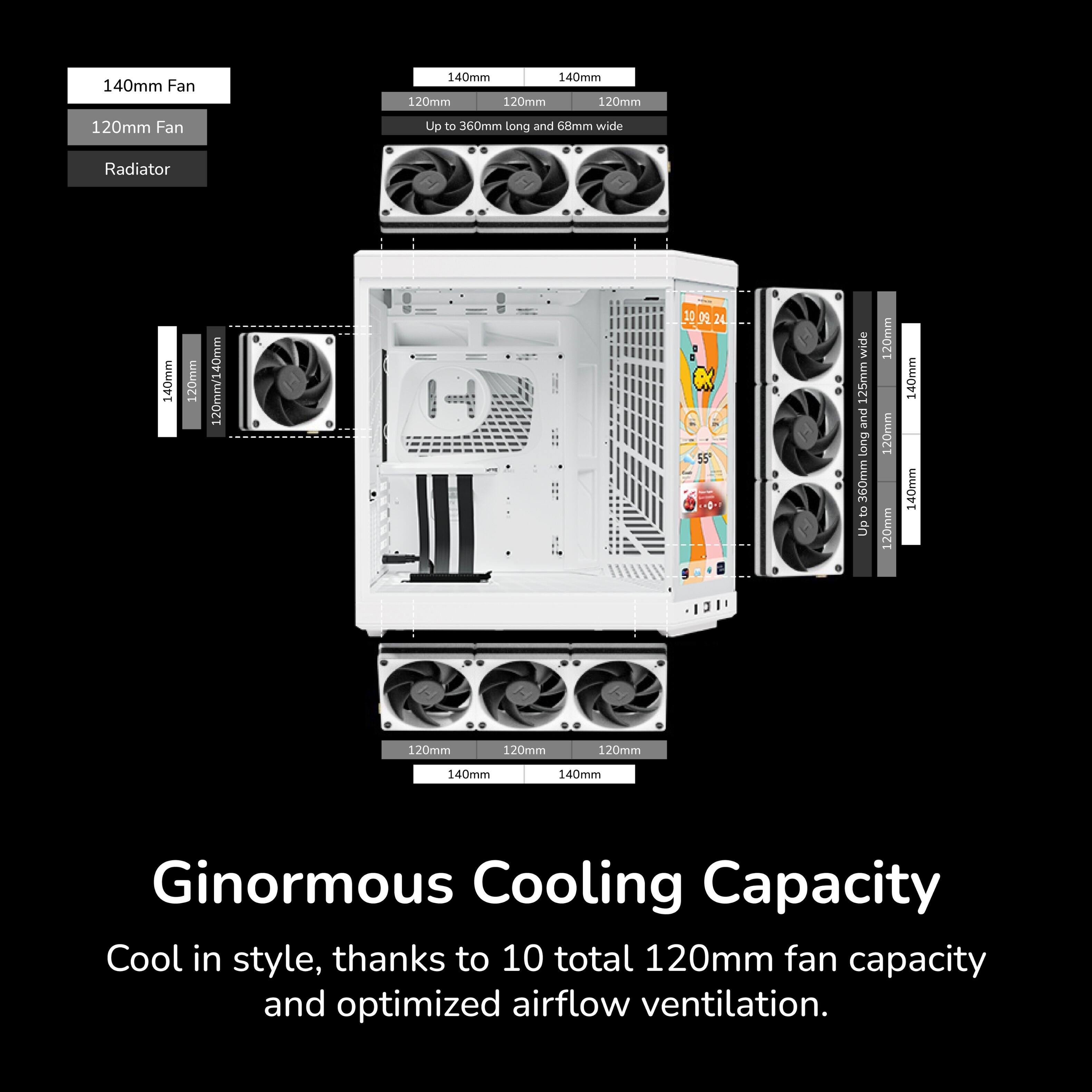 140mm Fan  
140mm  
140mm  
120mm  
120mm  
120mm  
120mm  
Fan  
Up to 160mm long and 68mm wide  
Radiator  
140mm  
120mm  
120mm/140mm  
20 0 24  
A: 55 wide  
25mm and long  
360mm  
5  
Up  
120mm  
120mm  
120mm  
140mm  
140mm  
120mm  
120mm  
120mm  
140mm  
140mm  

Ginormous Cooling Capacity  
Cool in style, thanks to 10 total 120mm fan capacity and optimized airflow ventilation.