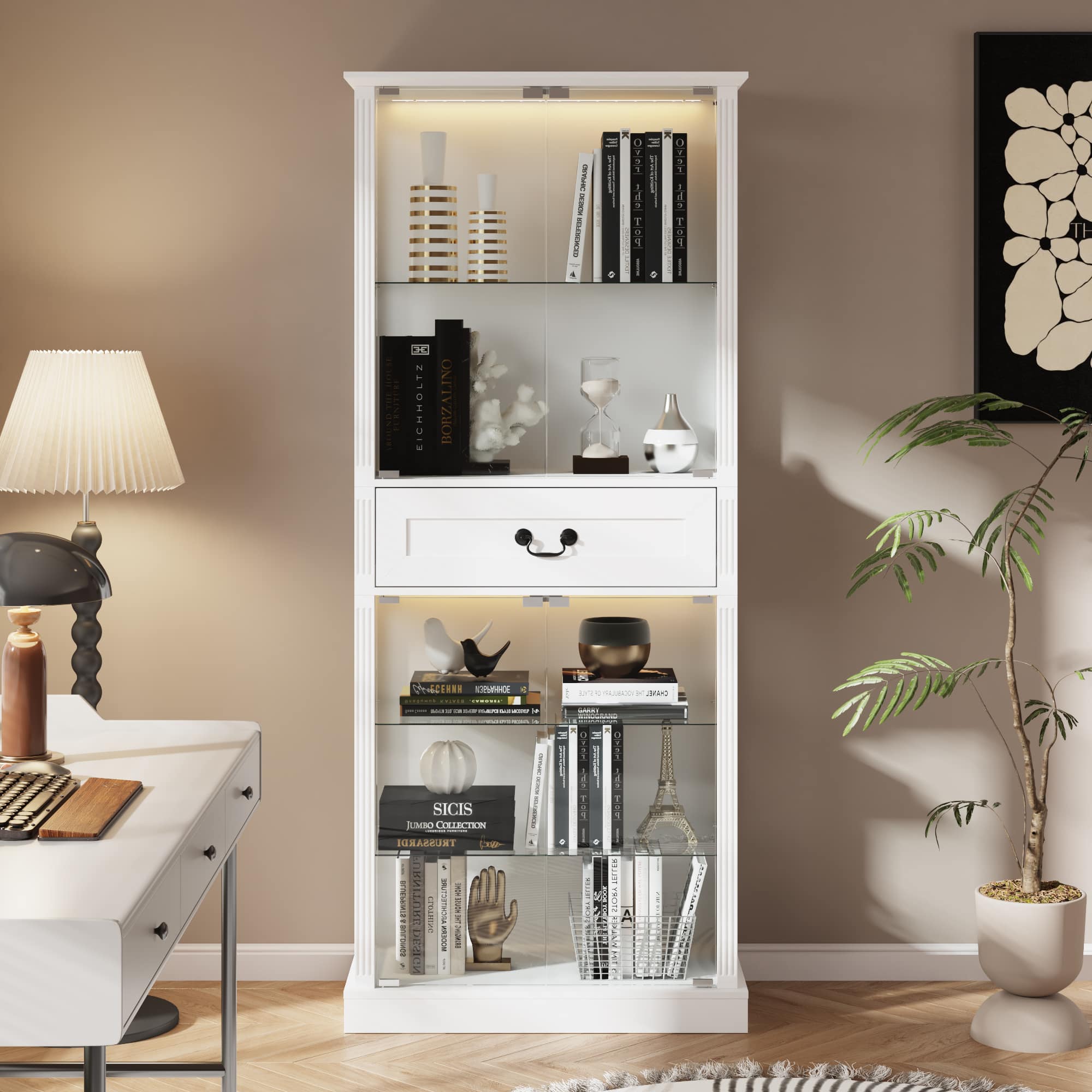 Famapy - Multi-Use Glass Display Cabinet with Tempered Glass Doors, 7-Color LED Lighting, Storage Cabinet for Living Room - White