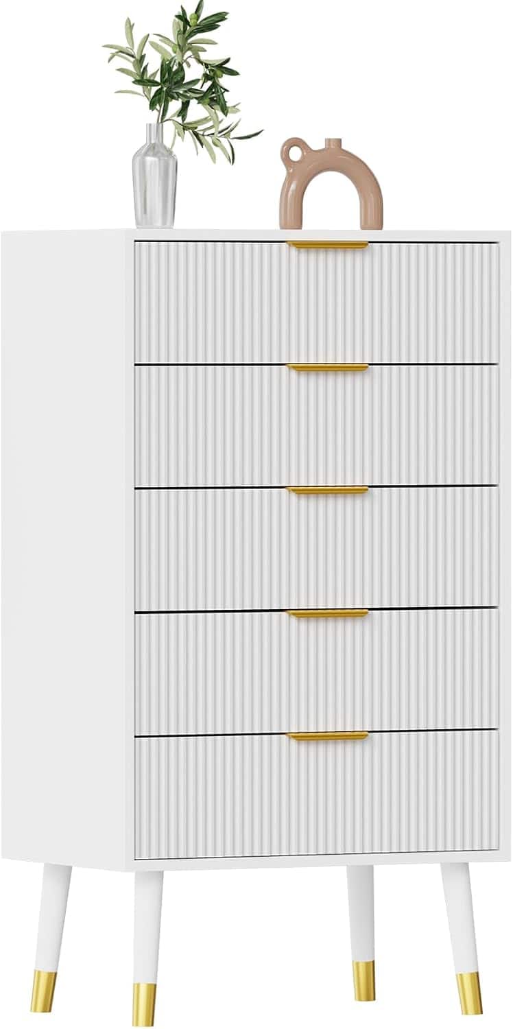 GARVEE - 5 Drawer Dresser for Bedroom, Modern Closet Dressers Chest of Drawers, Wood Storage Dresser Chest Cabinet Organizer Unit - White