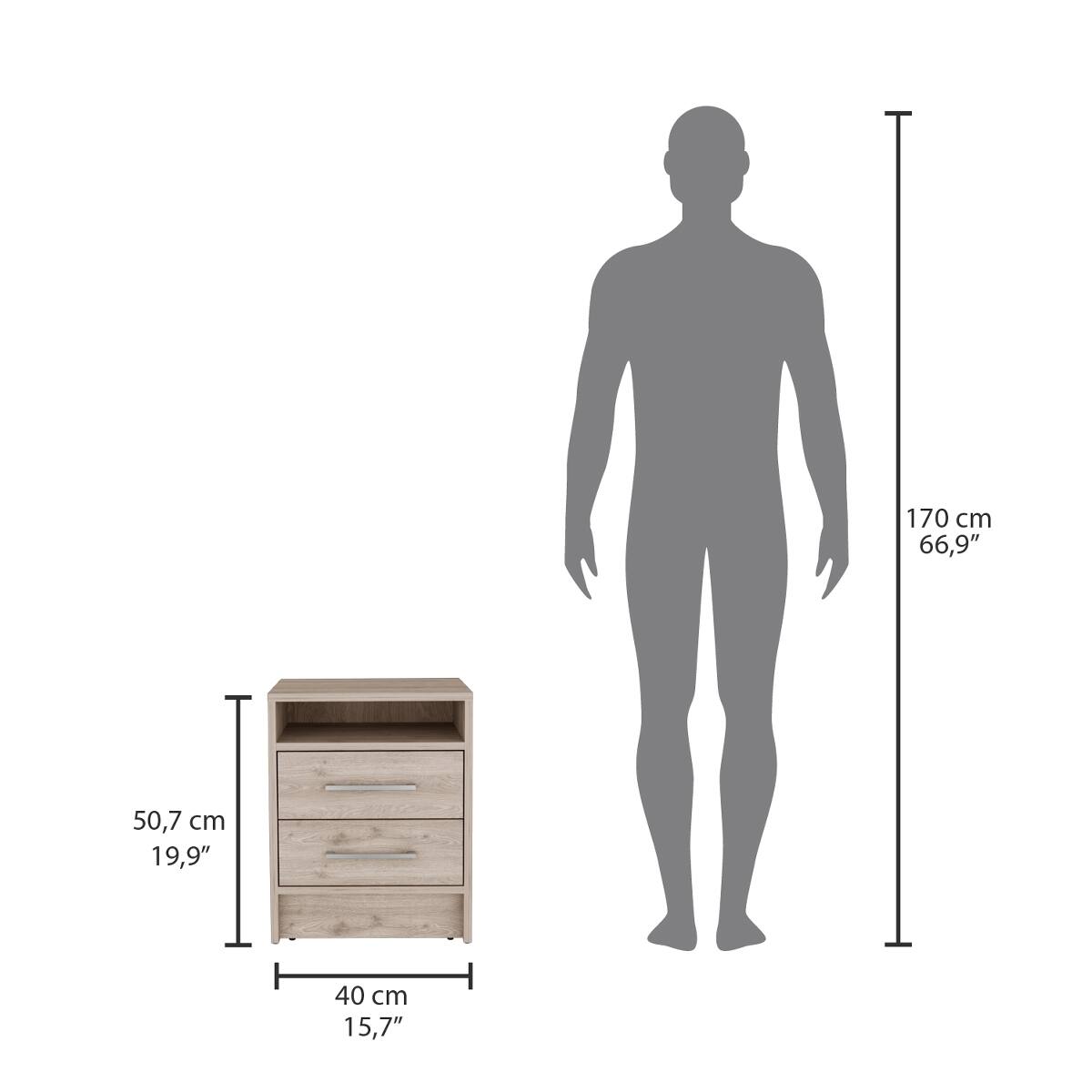 170 cm 66.9"  
50.7 cm 19.9"  
40 cm 15.7"