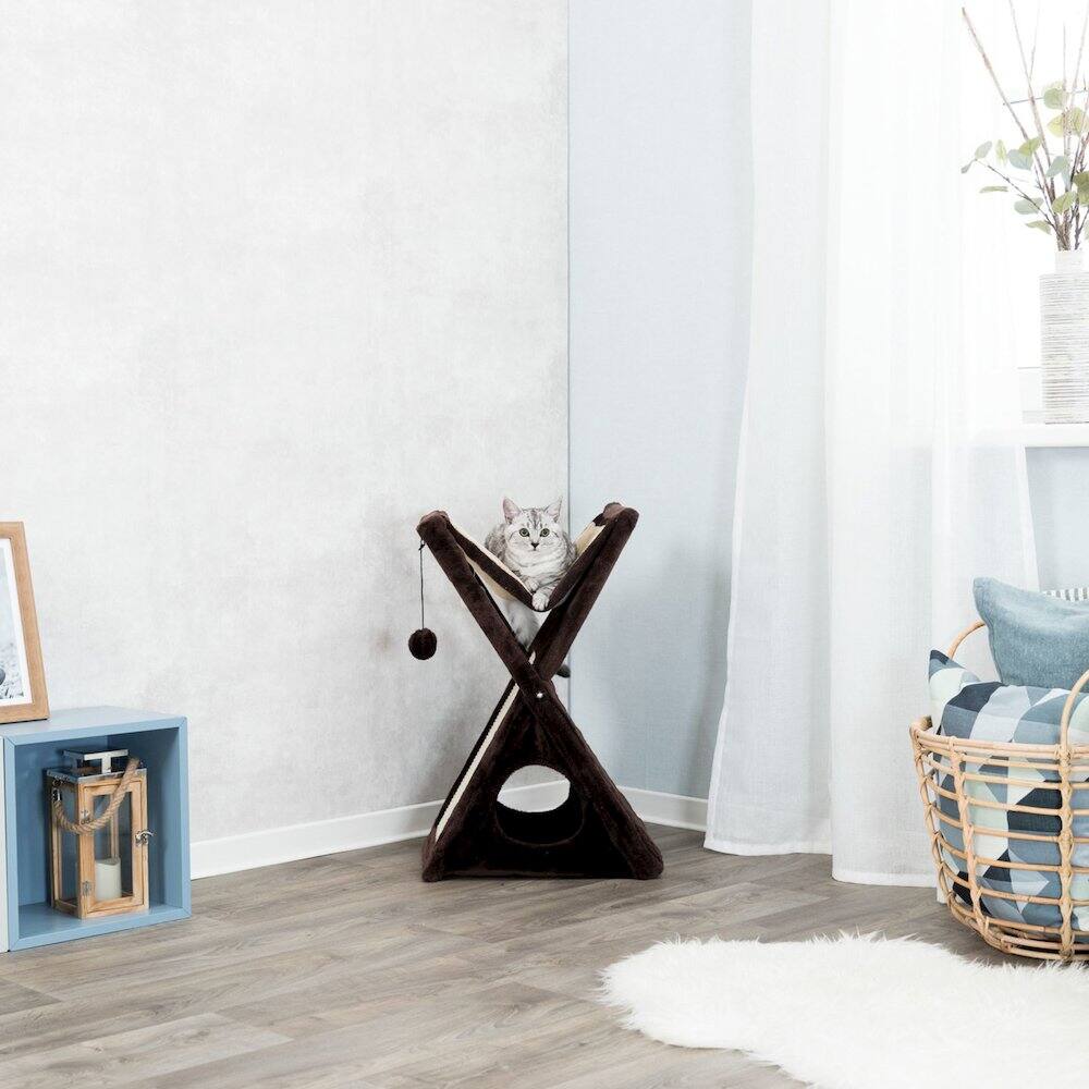 Left. TRIXIE - Miguel Fold & Store Plush & Sisal Cat Tree, Hammock, Condo, Scratcher - Brown.