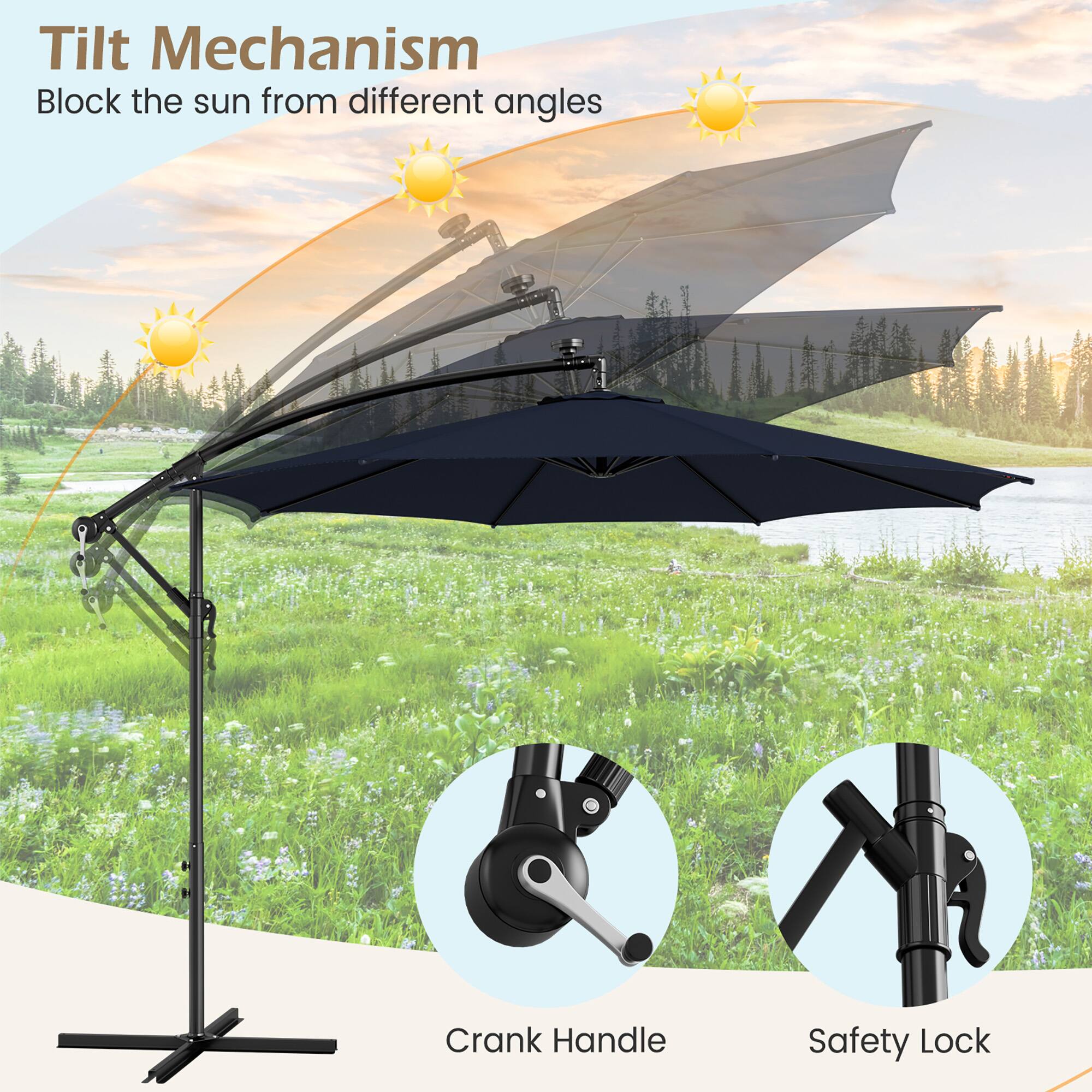 Tilt Mechanism: Block the sun from different angles. Crank Handle: Safety Lock.