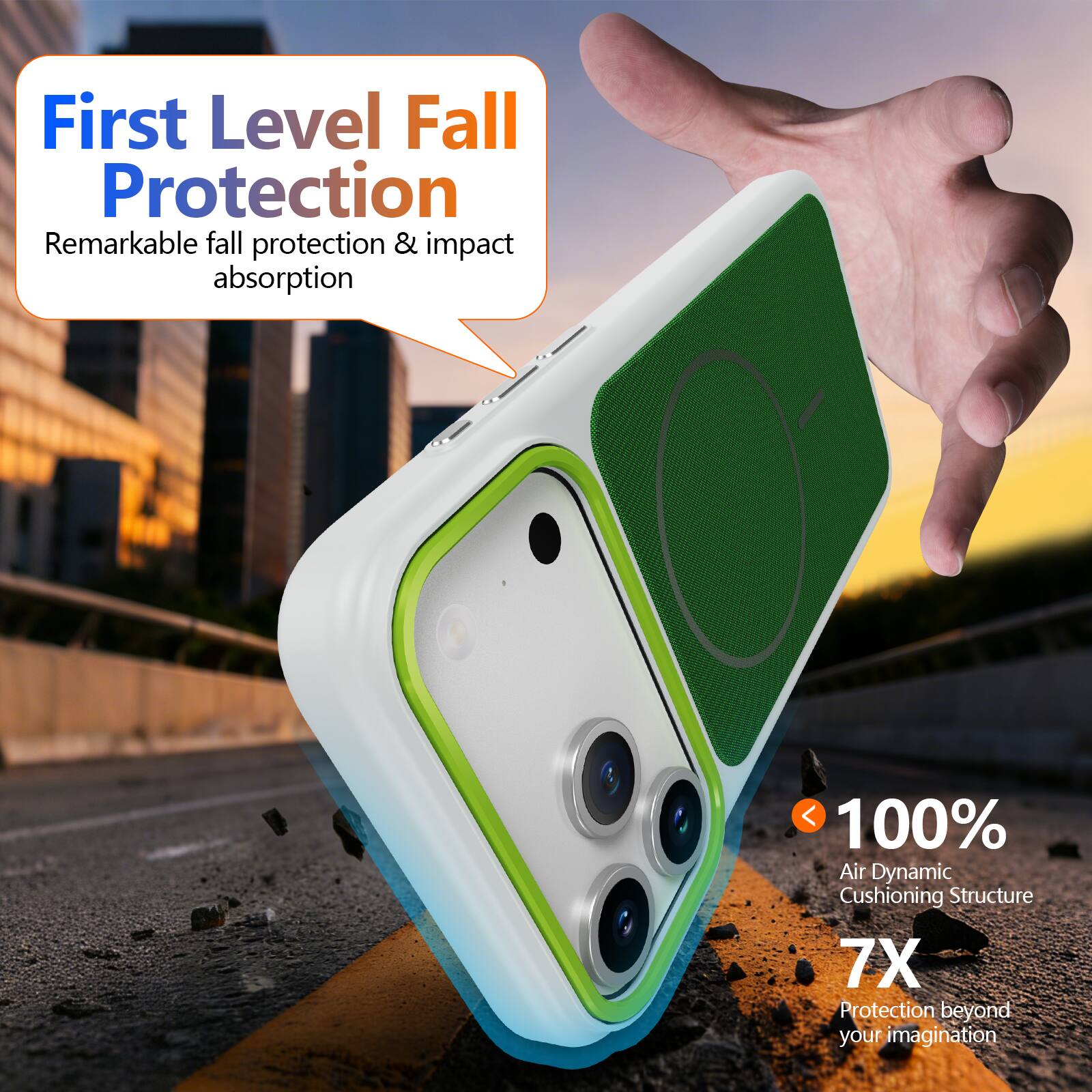 First Level Fall Protection  
Remarkable fall protection & impact absorption  

100% Air Dynamic Cushioning Structure  
7X Protection beyond your imagination